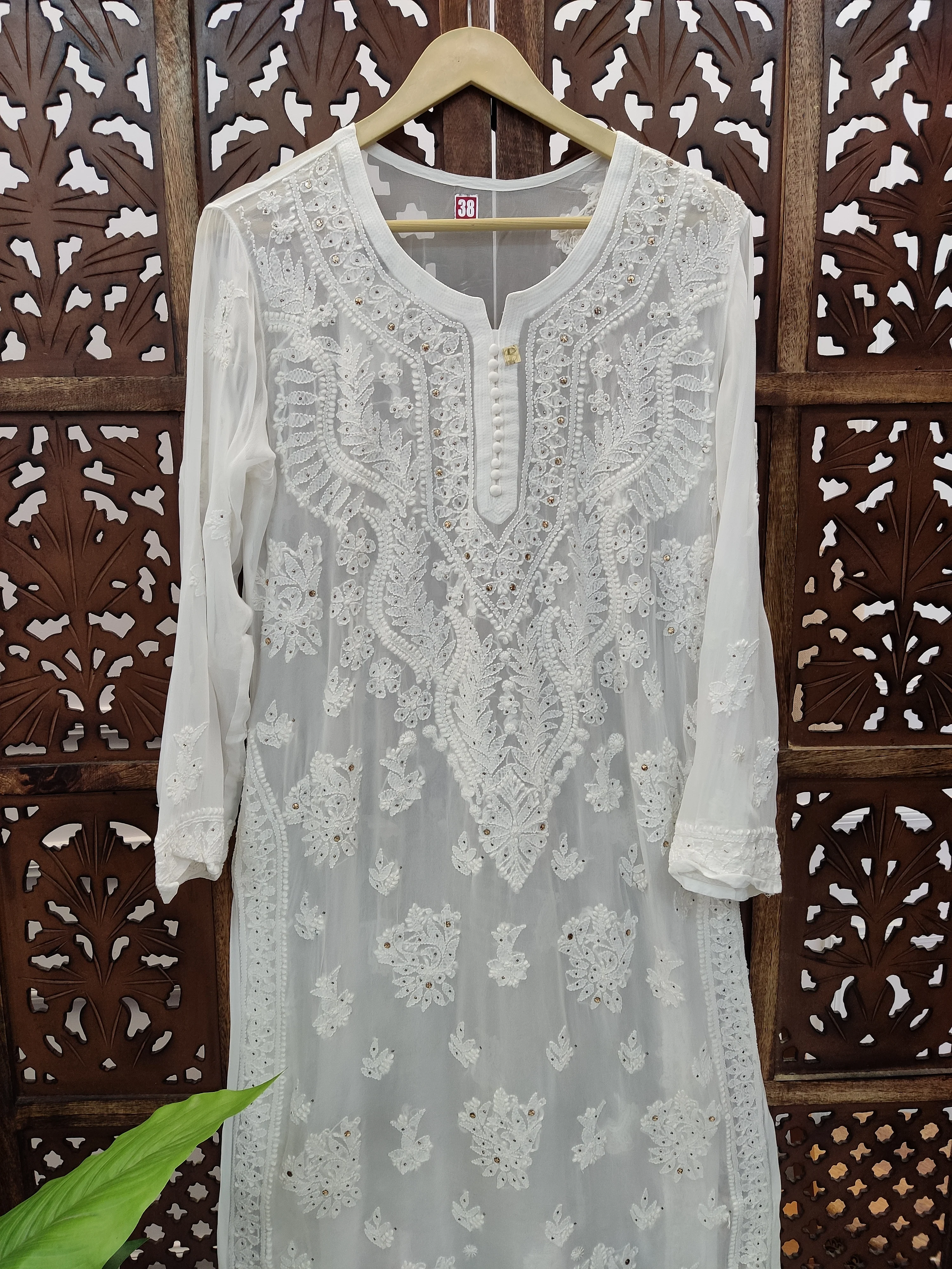 White Viscose Mukaish Chikankari Straight Kurti - Image 3