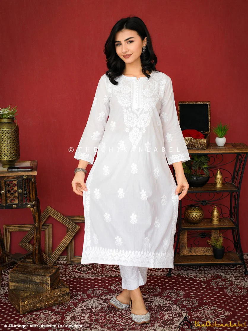 White Yukta Cotton Chikankari Straight Kurti