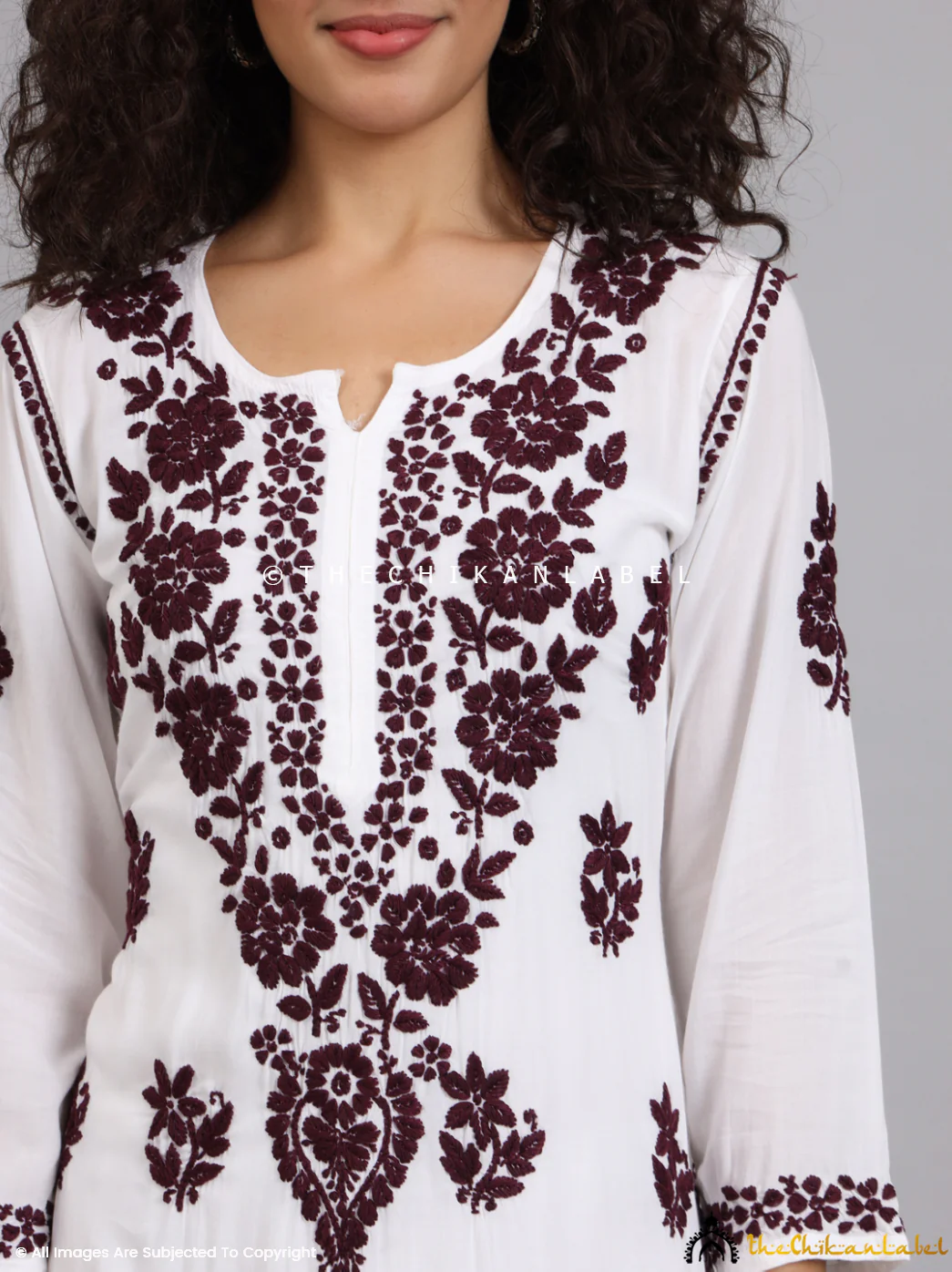 Jugni Modal Chikankari Straight Kurti - Wine - Image 2