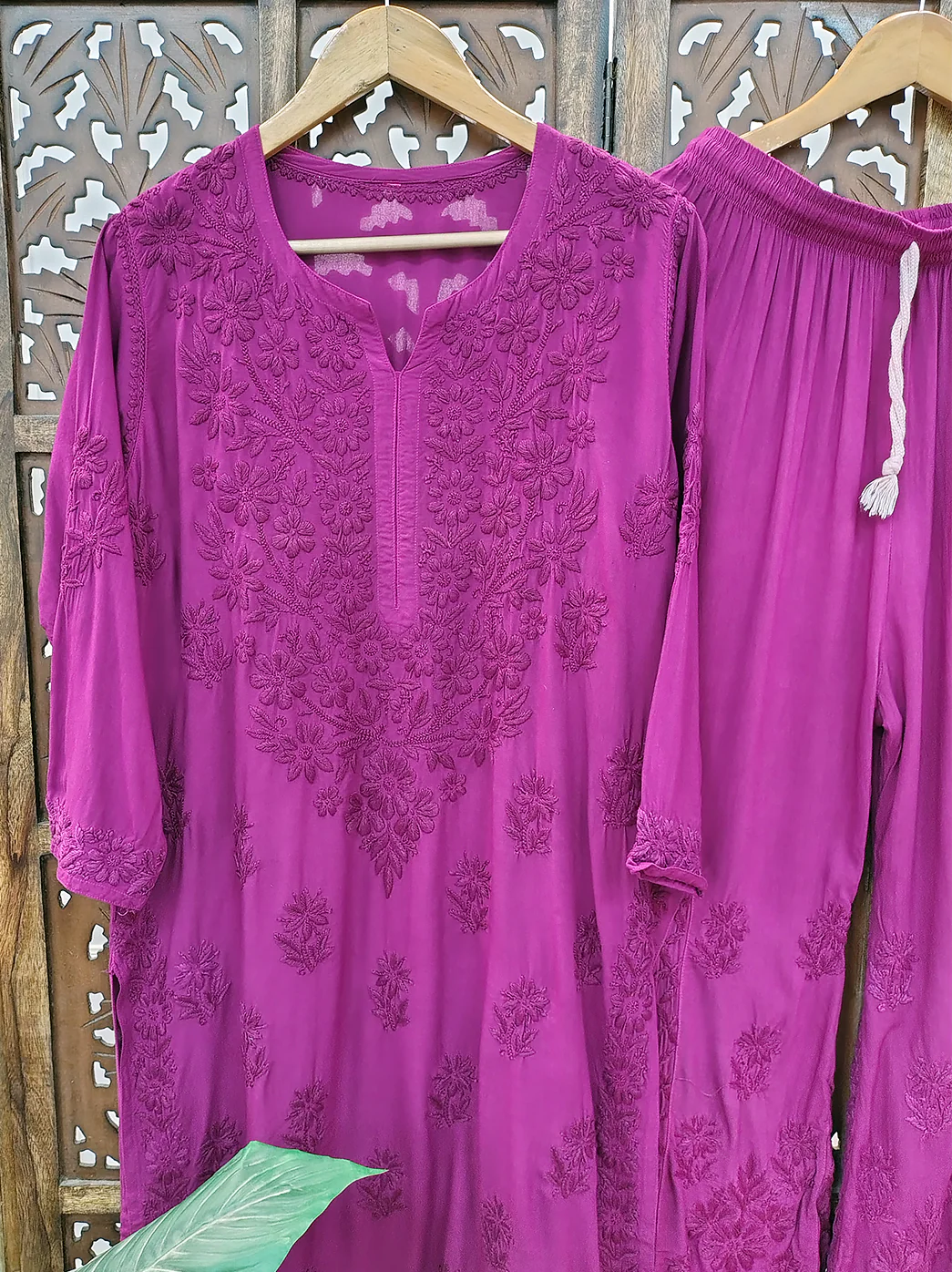 Wine Rayon Chikankari Kurti Palazzo Set - Image 3