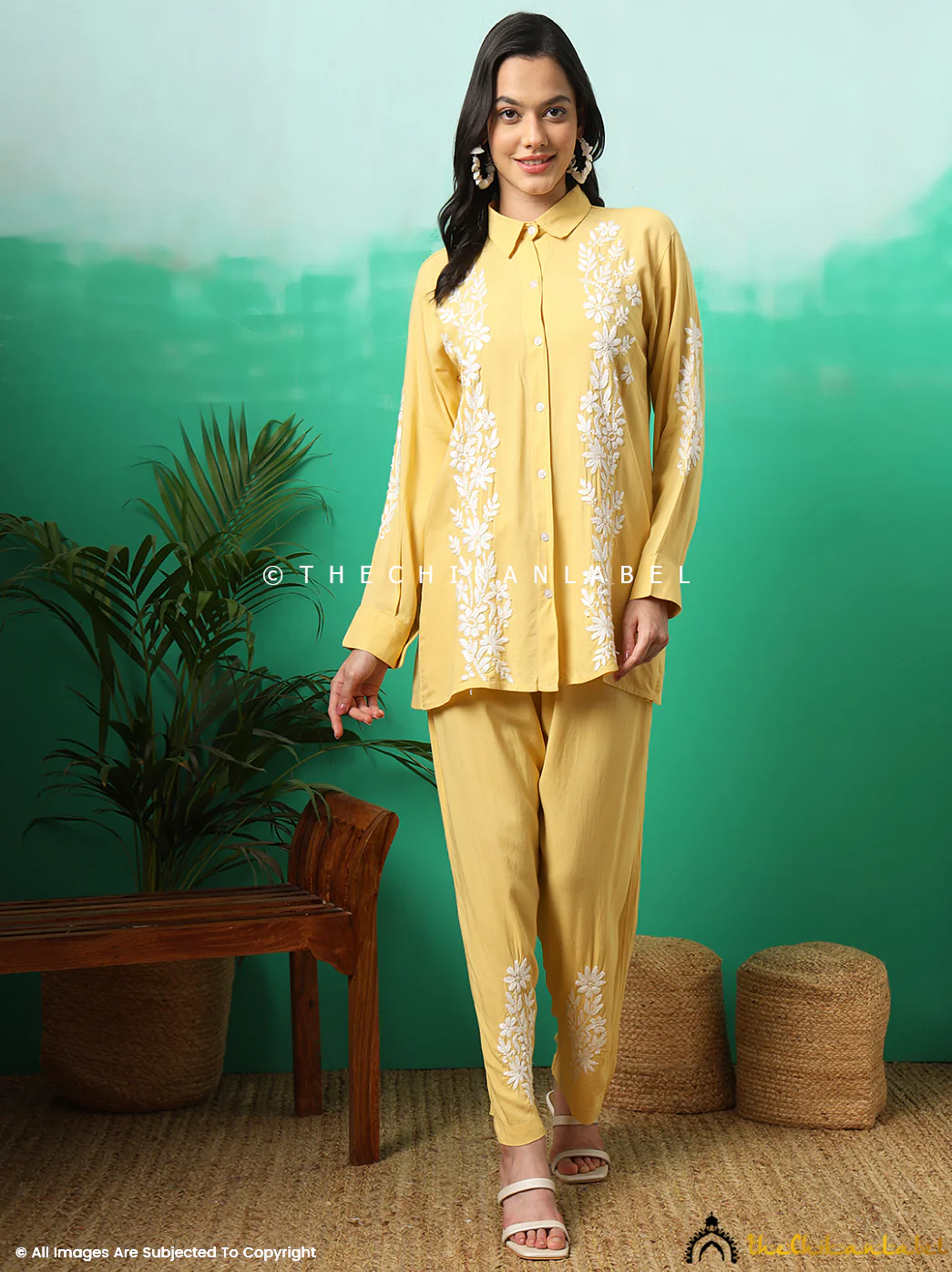 Anvika Rayon Chikankari Co-ord Set -Yellow