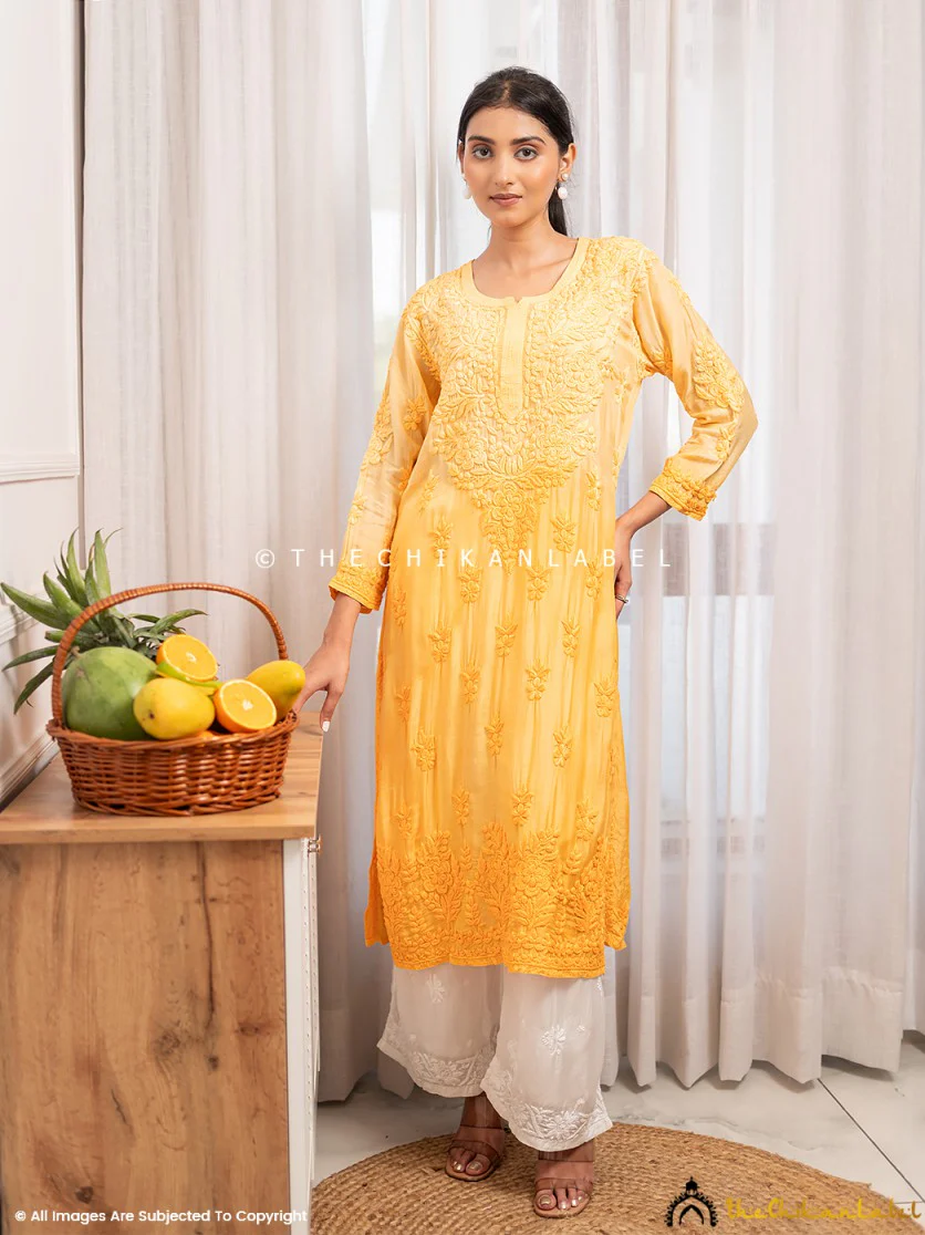 Asmeet Muslin Chikankari Straight Kurti-Yellow