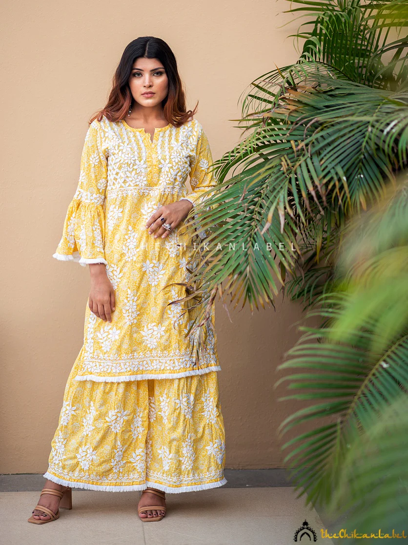 Bandhani Mulmul Cotton Chikankari Kurta Set - Yellow