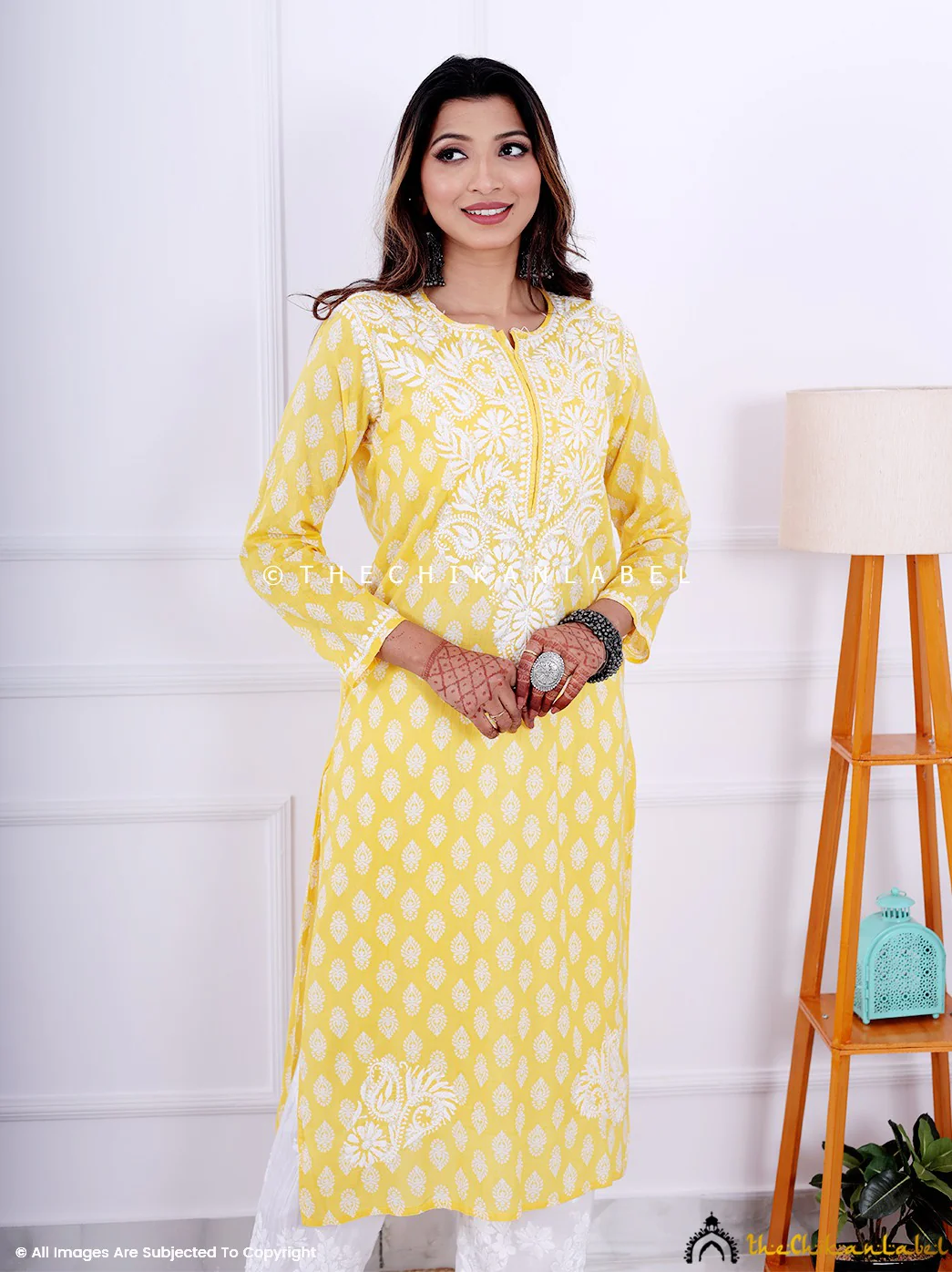 Yellow Cotton Chikankari Straight Kurti - Image 2