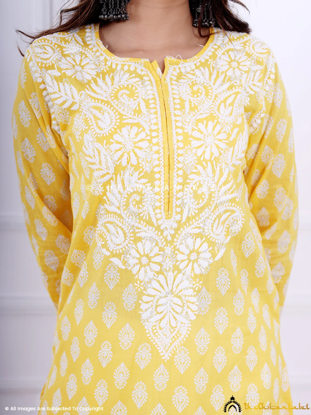 Yellow Cotton Chikankari Straight Kurti - Image 3