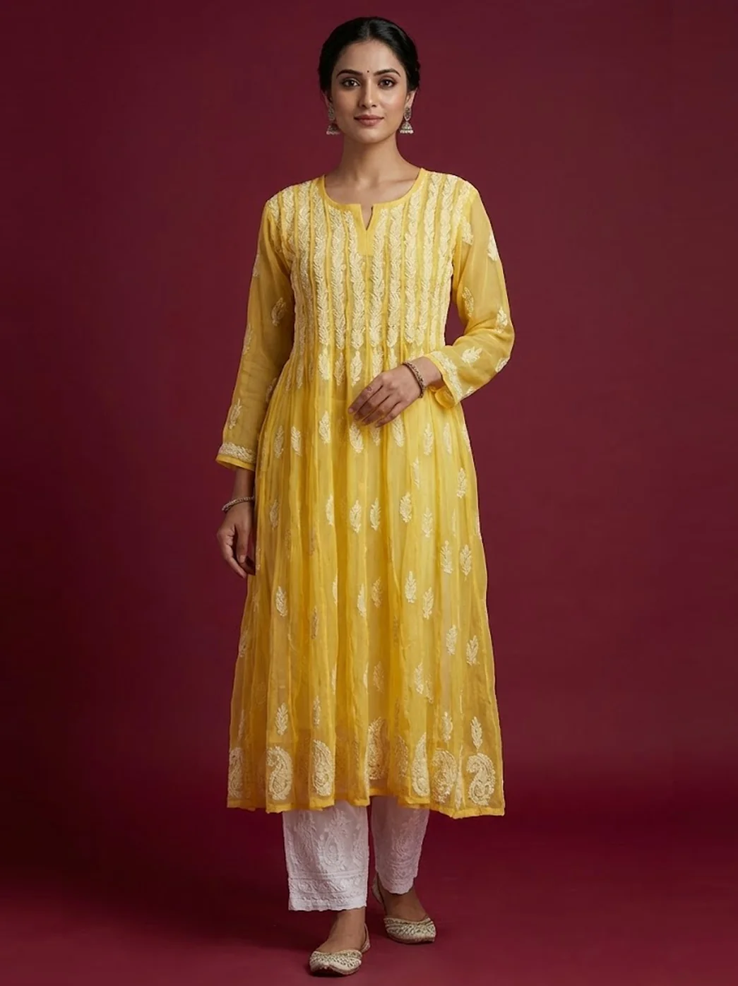 Yellow Georgette Chikankari 56 Kali Anarkali Kurti