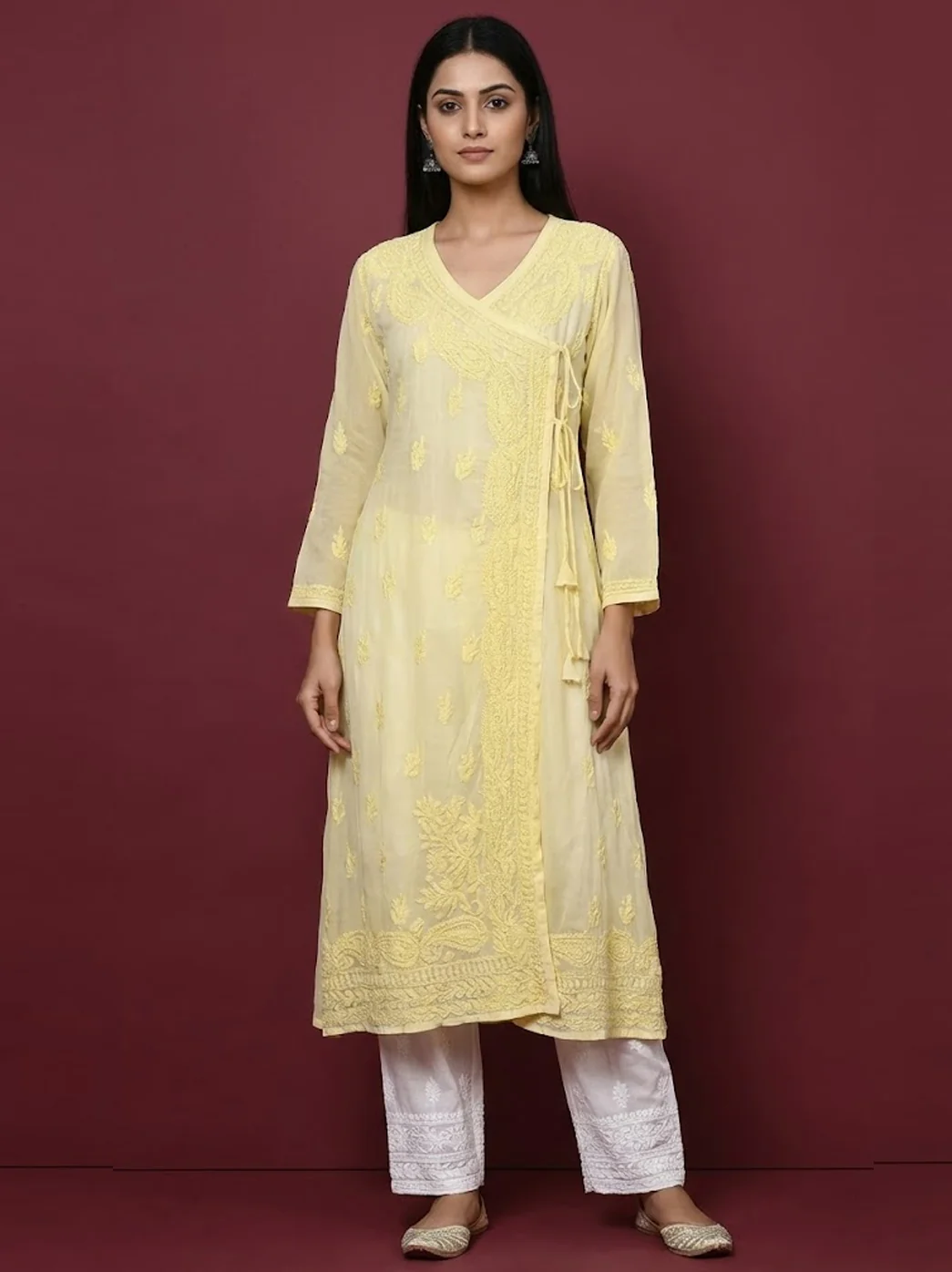 Yellow Georgette Chikankari Angarkha Kurti