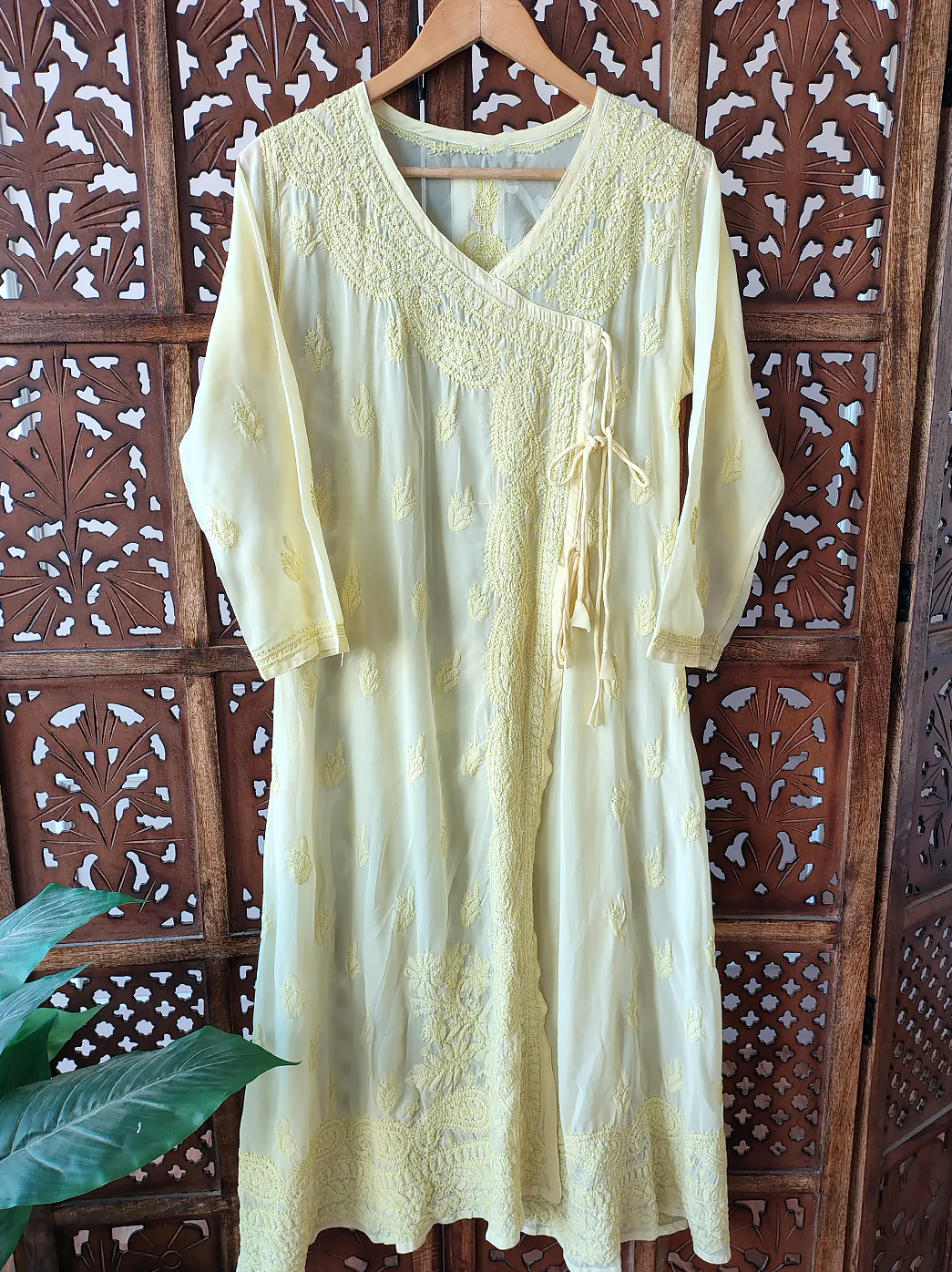 Yellow Georgette Chikankari Angarkha Kurti - Image 2