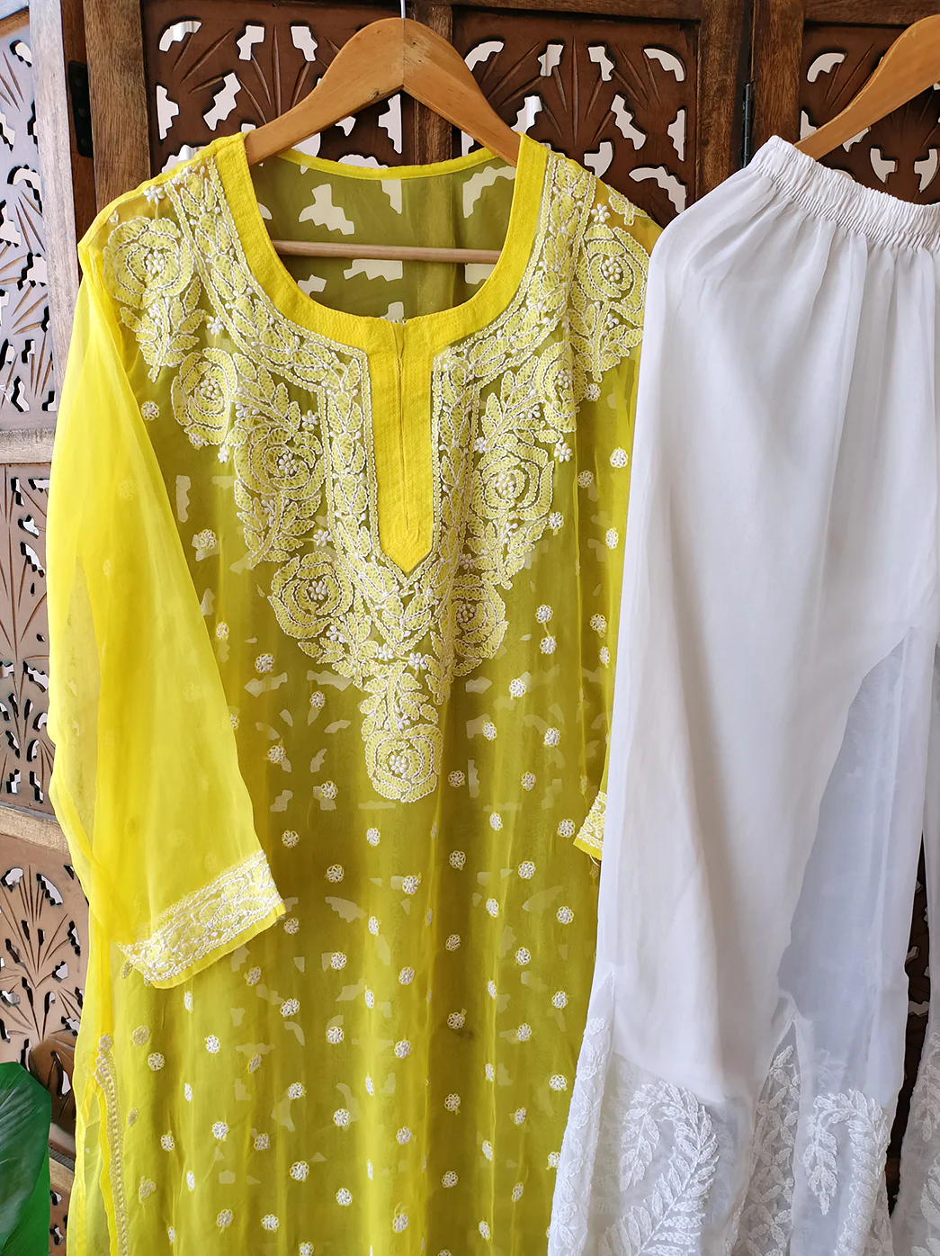 Yellow Georgette Chikankari Kurti Sharara Set - Image 3