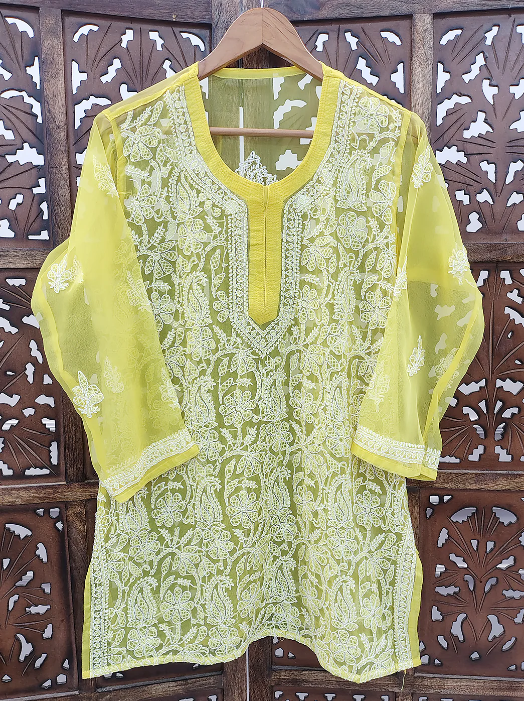 Yellow Georgette Chikankari Short Jaal Kurti - Image 2