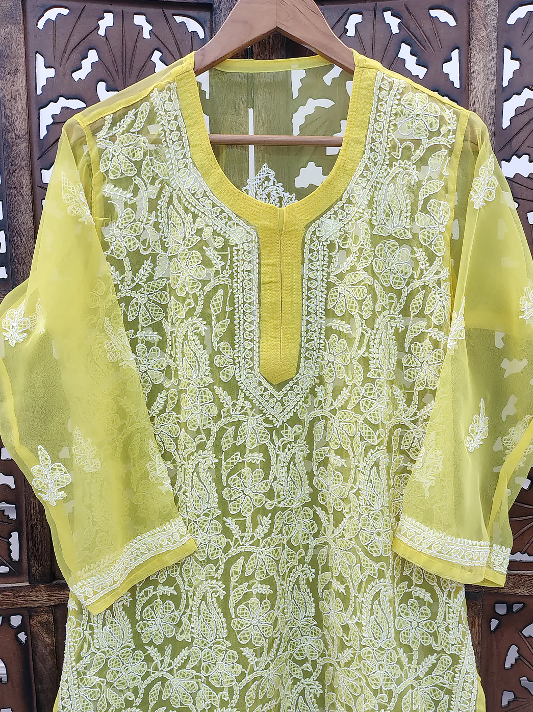 Yellow Georgette Chikankari Short Jaal Kurti - Image 3