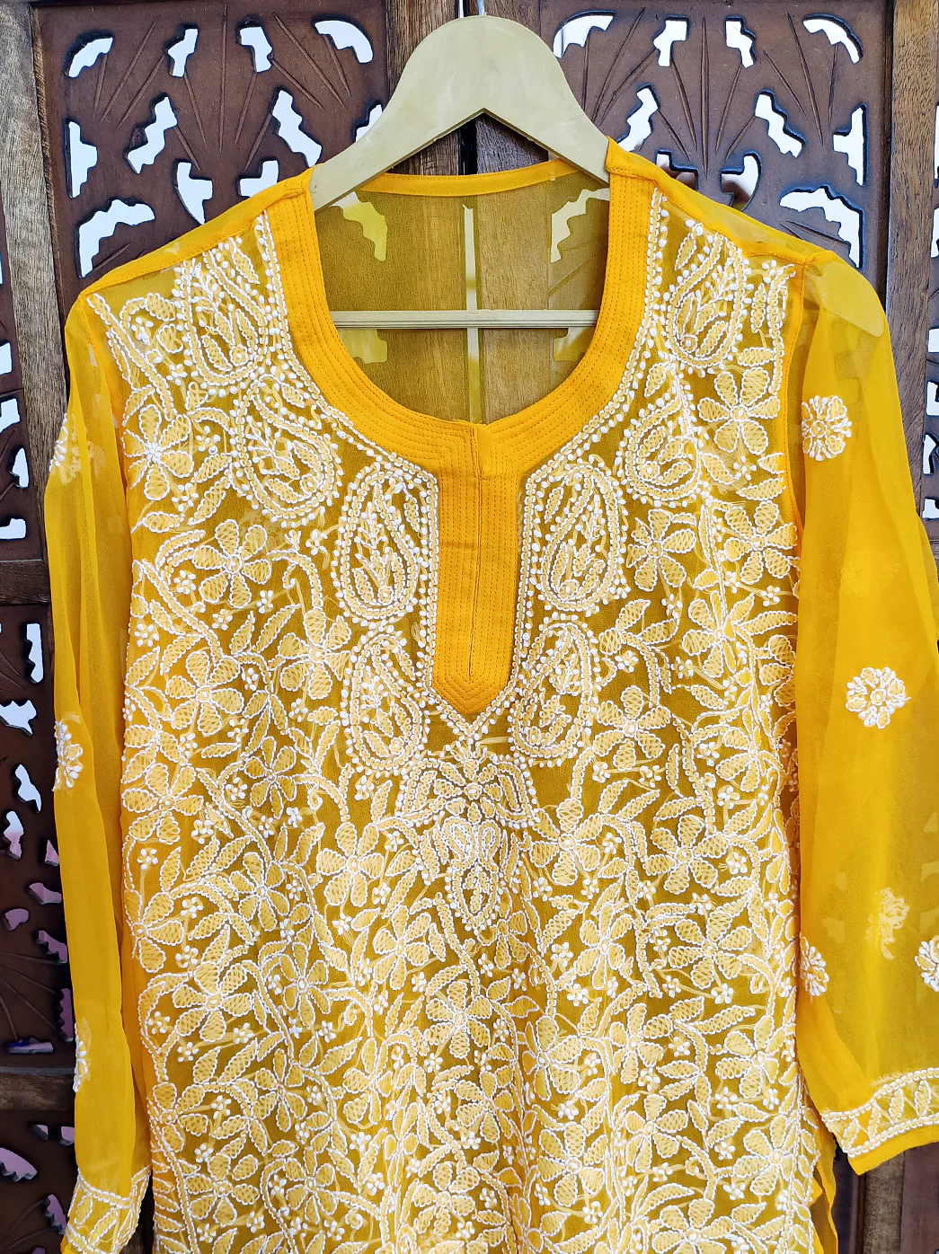 Yellow Georgette Chikankari Short Jaal Kurti - Image 3
