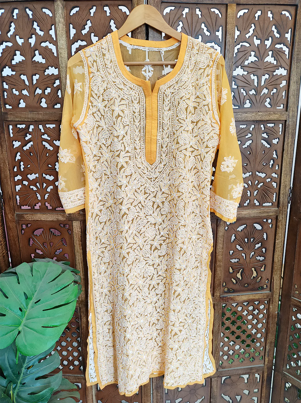 Yellow Georgette Chikankari Straight Kurti - Image 2