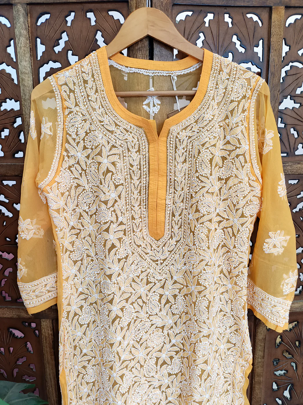 Yellow Georgette Chikankari Straight Kurti - Image 3