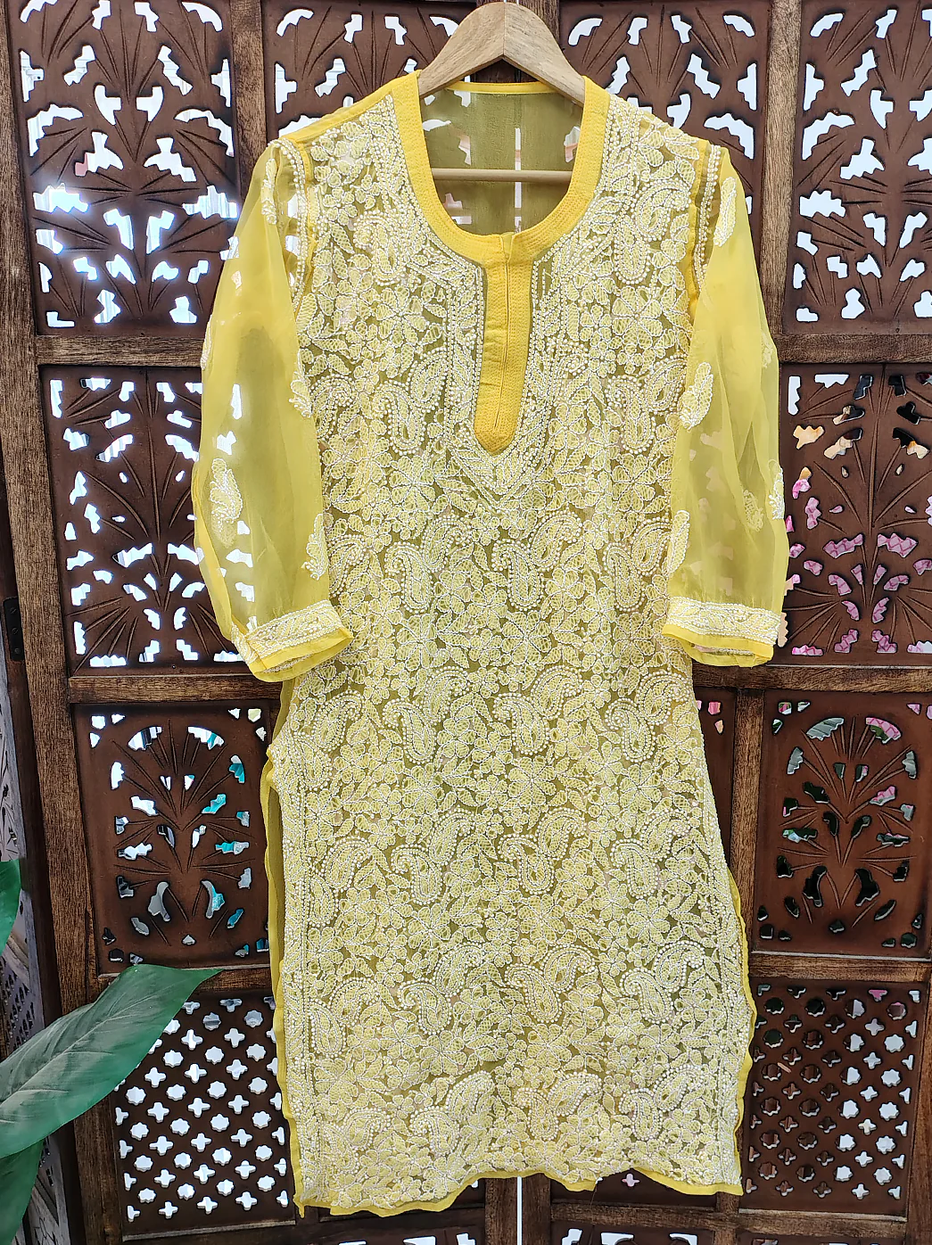 Yellow Georgette Chikankari Straight Kurti - Image 2