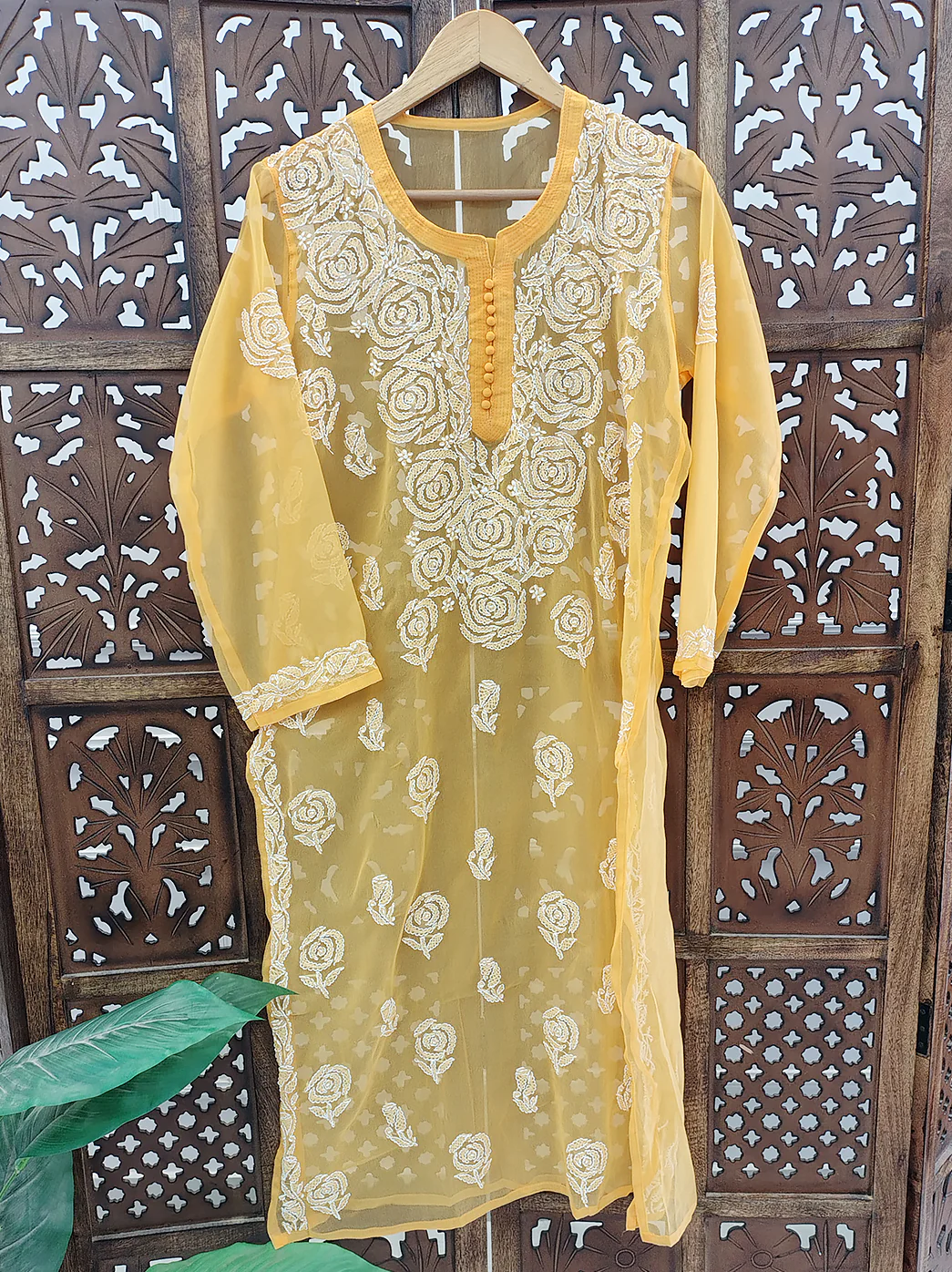 Yellow Georgette Chikankari Straight Kurti - Image 2