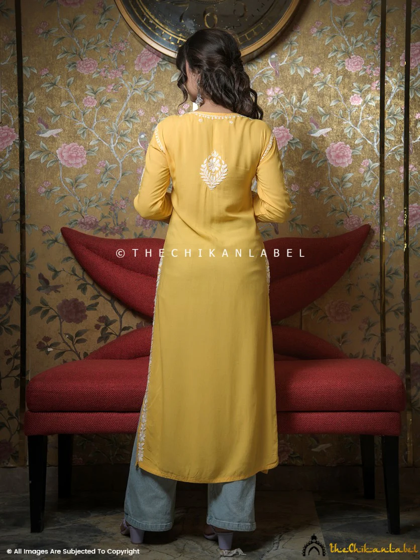 Yellow Kaasni Modal Chikankari Straight Kurti - Image 3