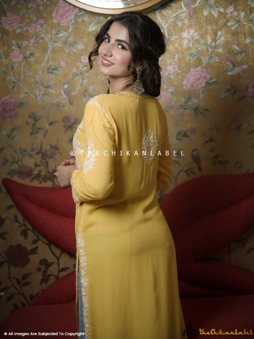 Yellow Kaasni Modal Chikankari Straight Kurti - Image 4