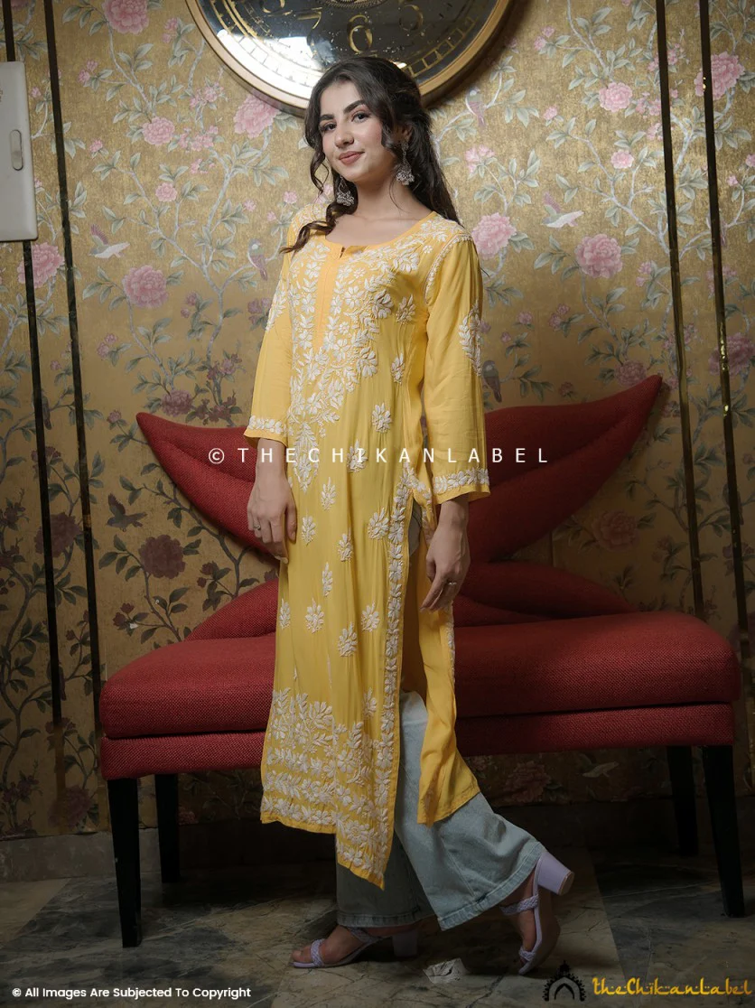 Yellow Kaasni Modal Chikankari Straight Kurti - Image 5