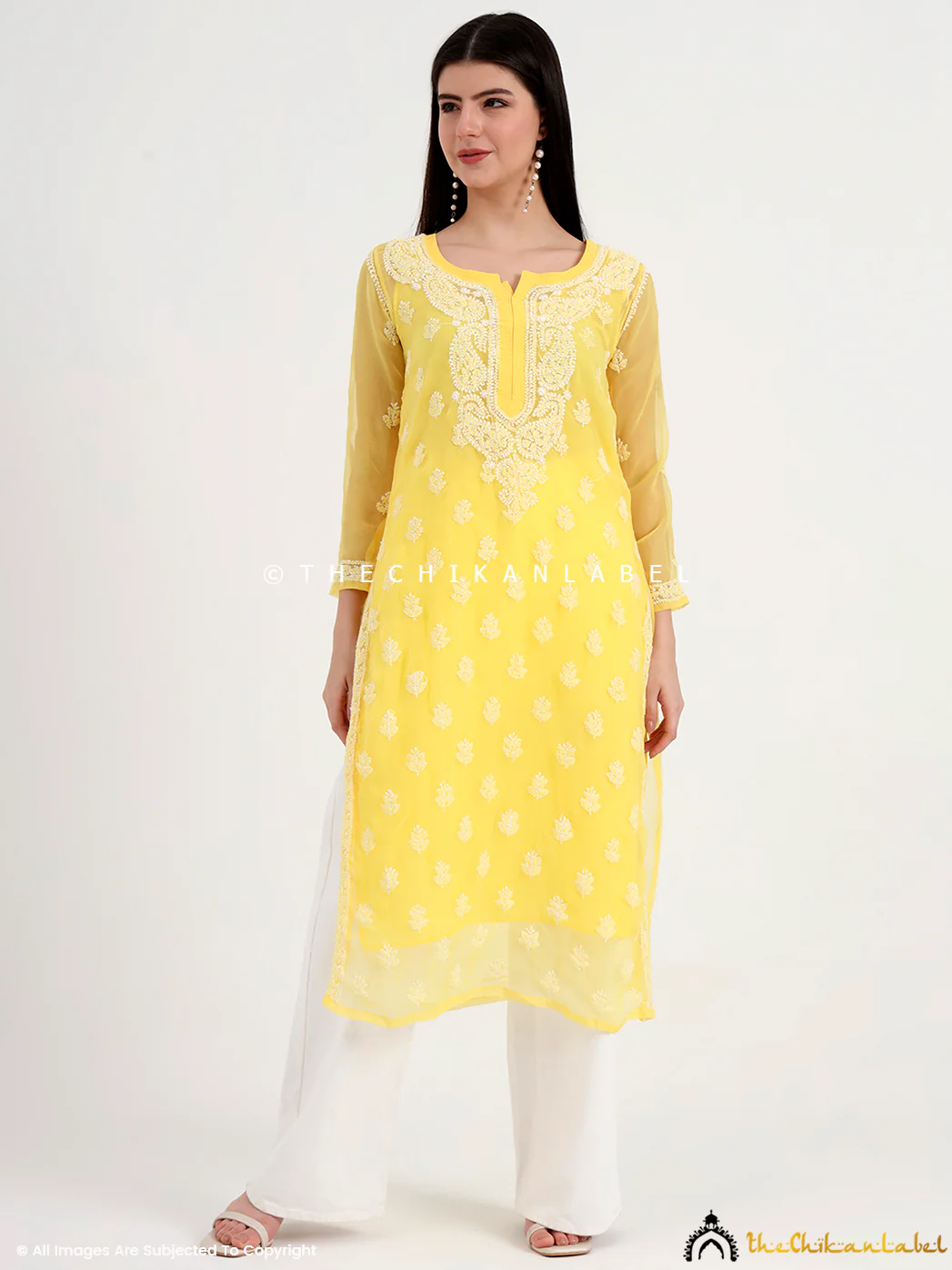 Mahak Georgette Chikankari Straight Kurti with Inner - Yellow