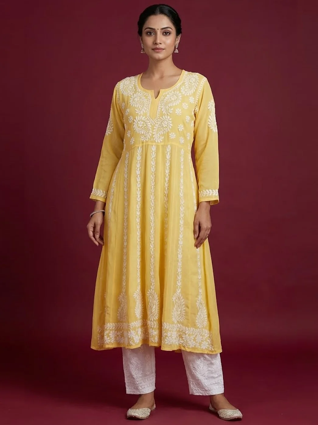 Yellow Modal Chikankari Anarkali Kurti