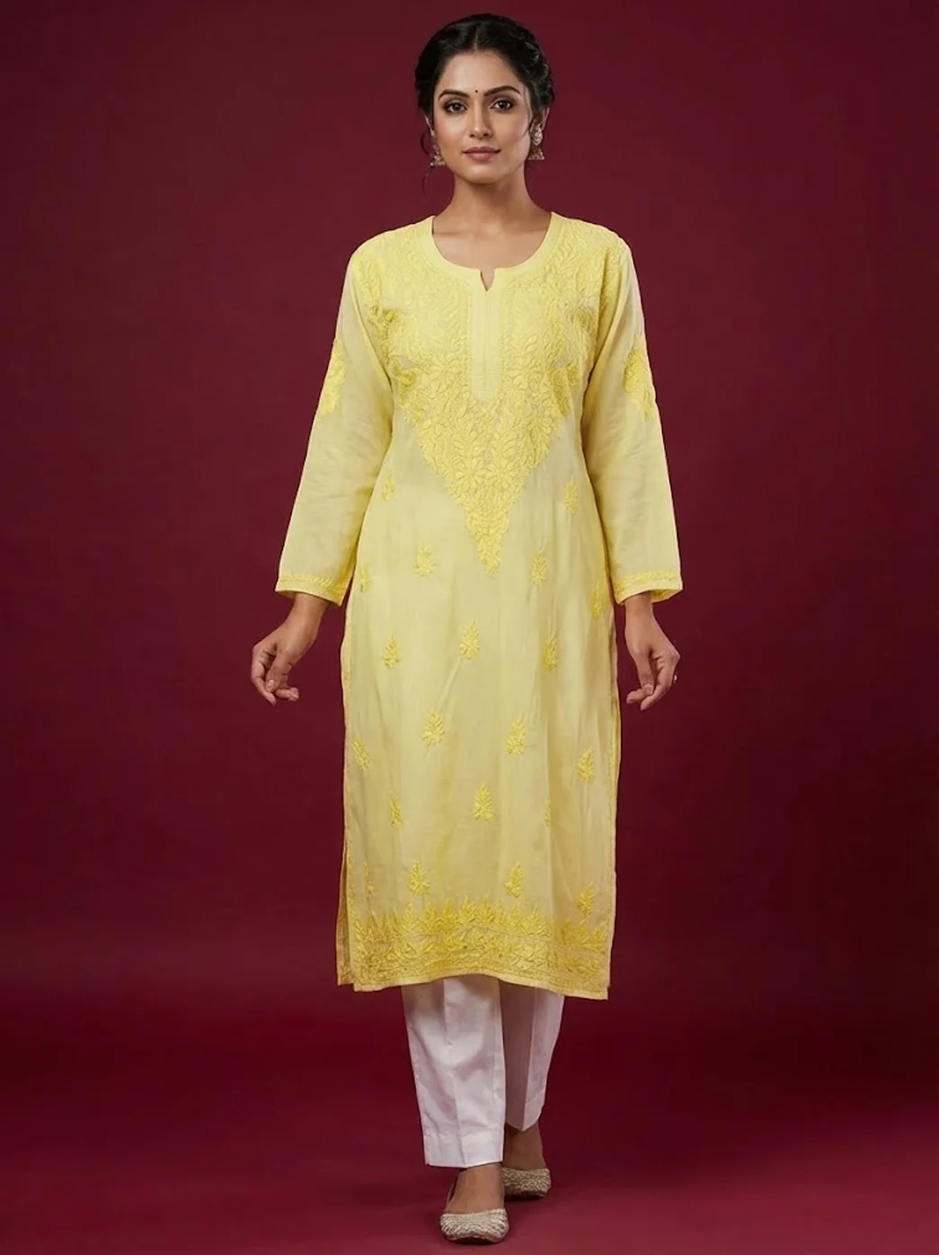 Yellow Modal Chikankari Straight Kurti