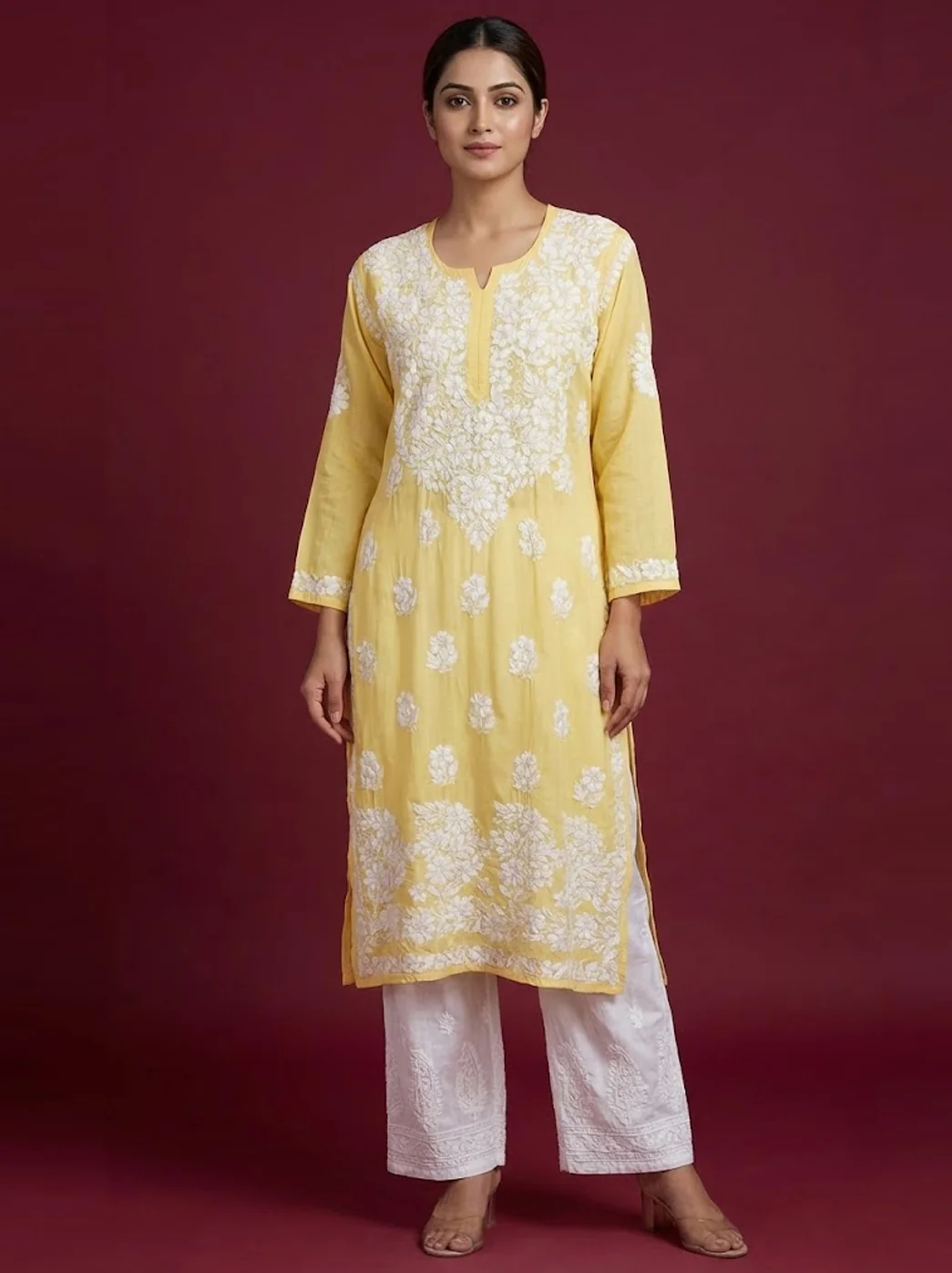Yellow Modal Chikankari Straight Kurti