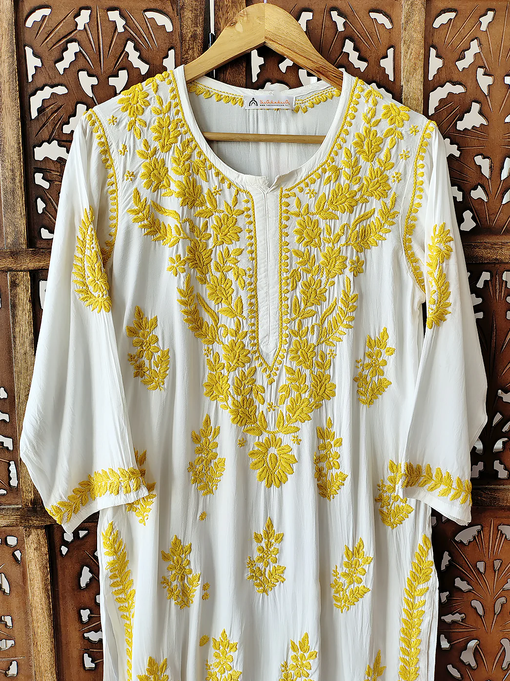 Yellow Modal Chikankari Straight Kurti - Image 3