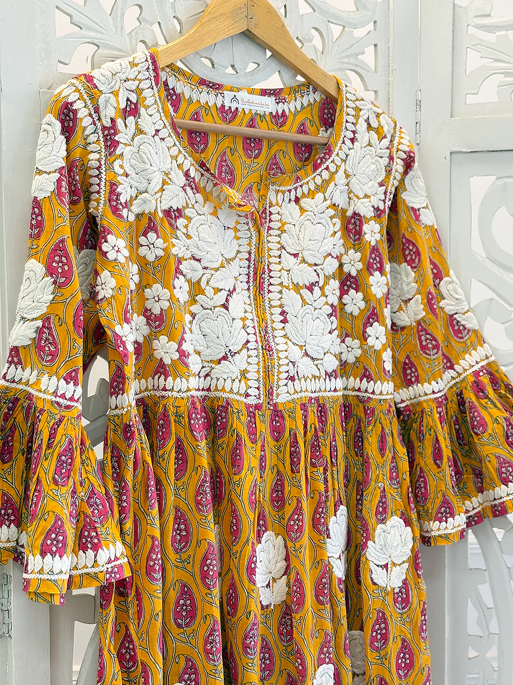 Yellow Aamira Mulmul Printed Chikankari Peplum Top - Image 3