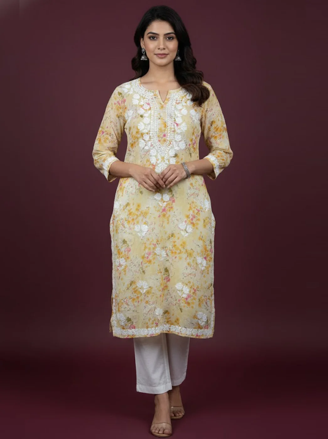 Yellow Mulmul Printed Chikankari Straight Kurti