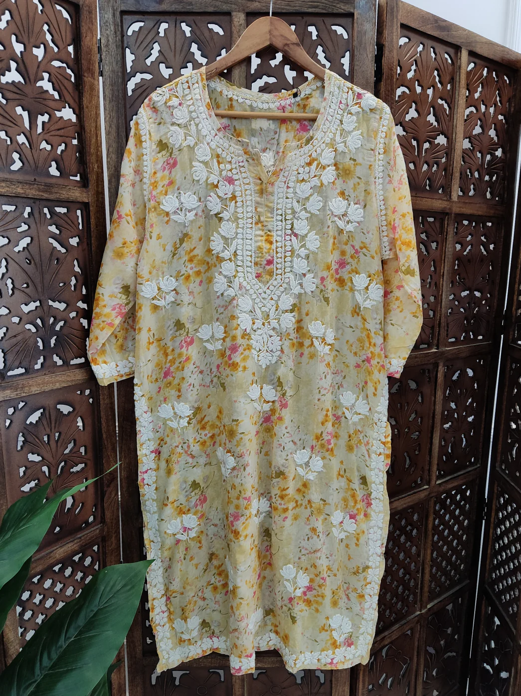 Yellow Mulmul Printed Chikankari Straight Kurti - Image 2
