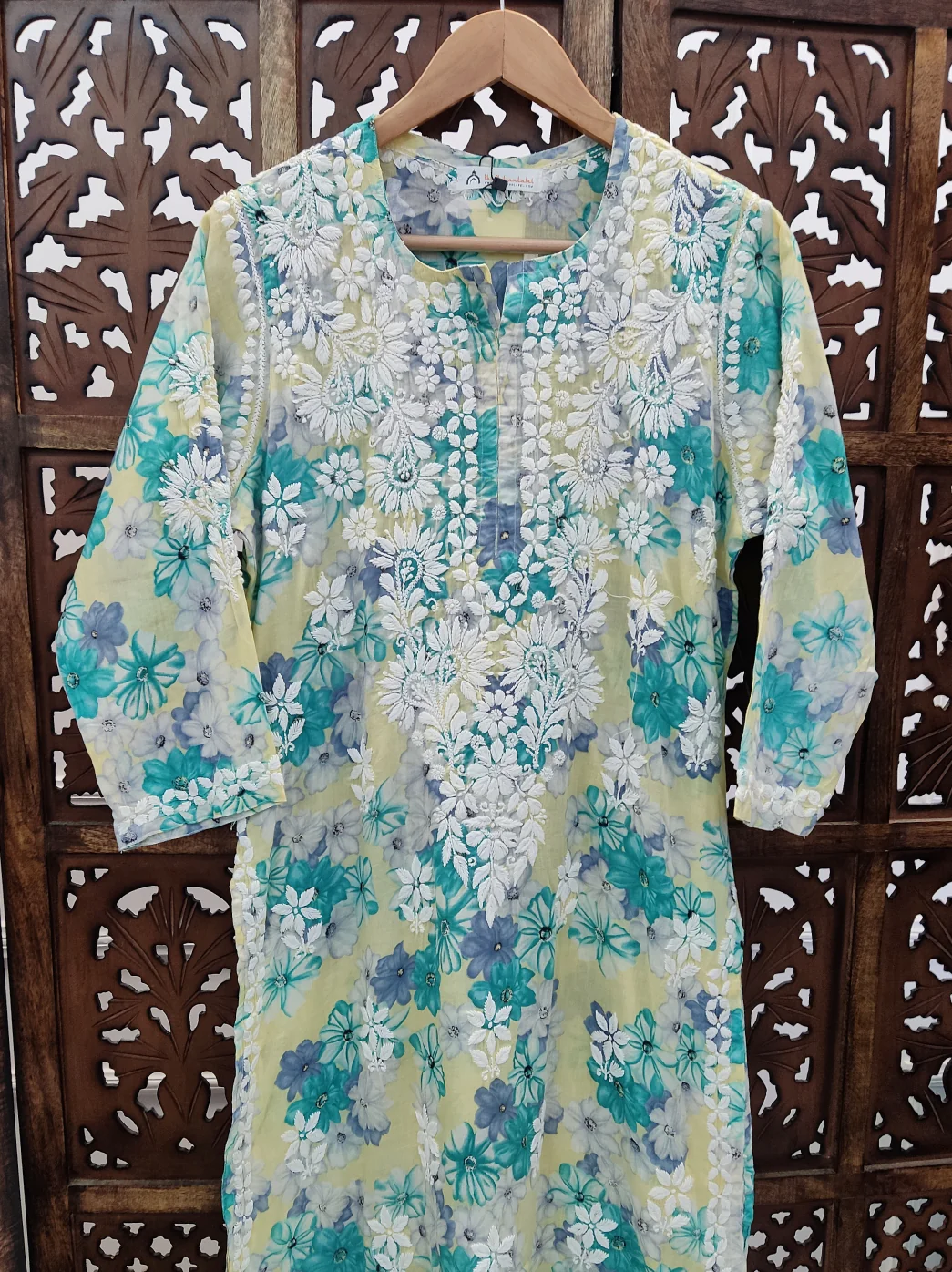 Yellow Mulmul Printed Chikankari Straight Kurti - Image 3