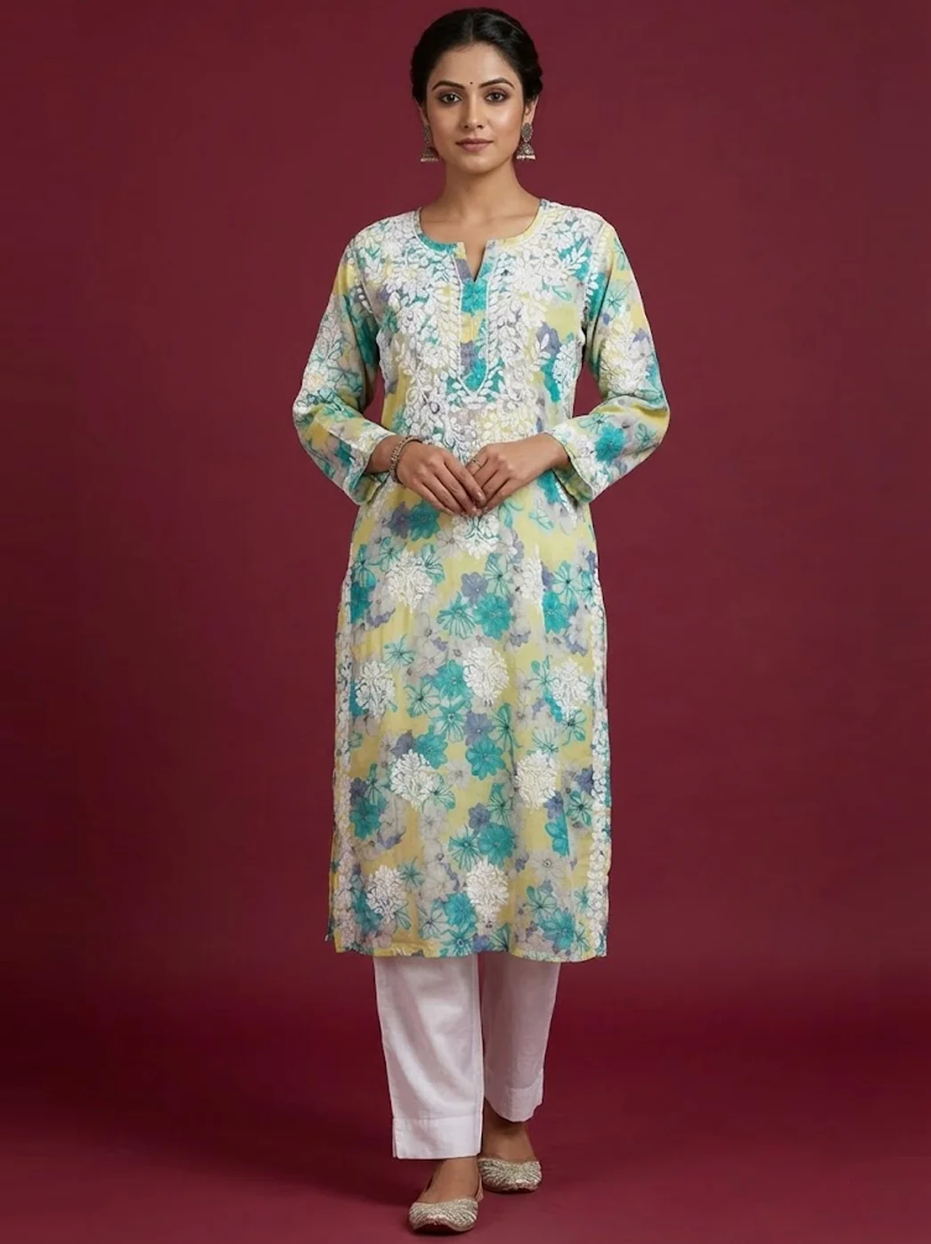 Yellow Mulmul Printed Chikankari Straight Kurti
