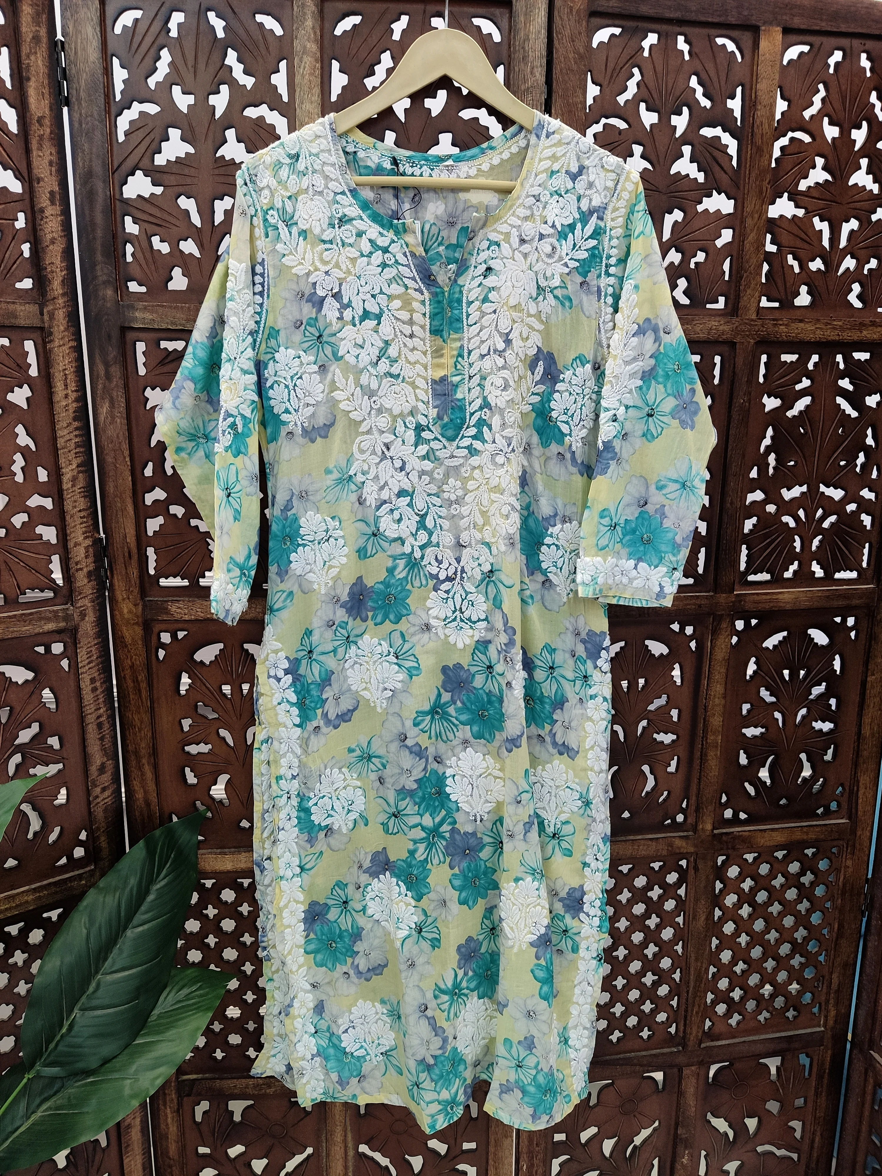 Yellow Mulmul Printed Chikankari Straight Kurti - Image 2