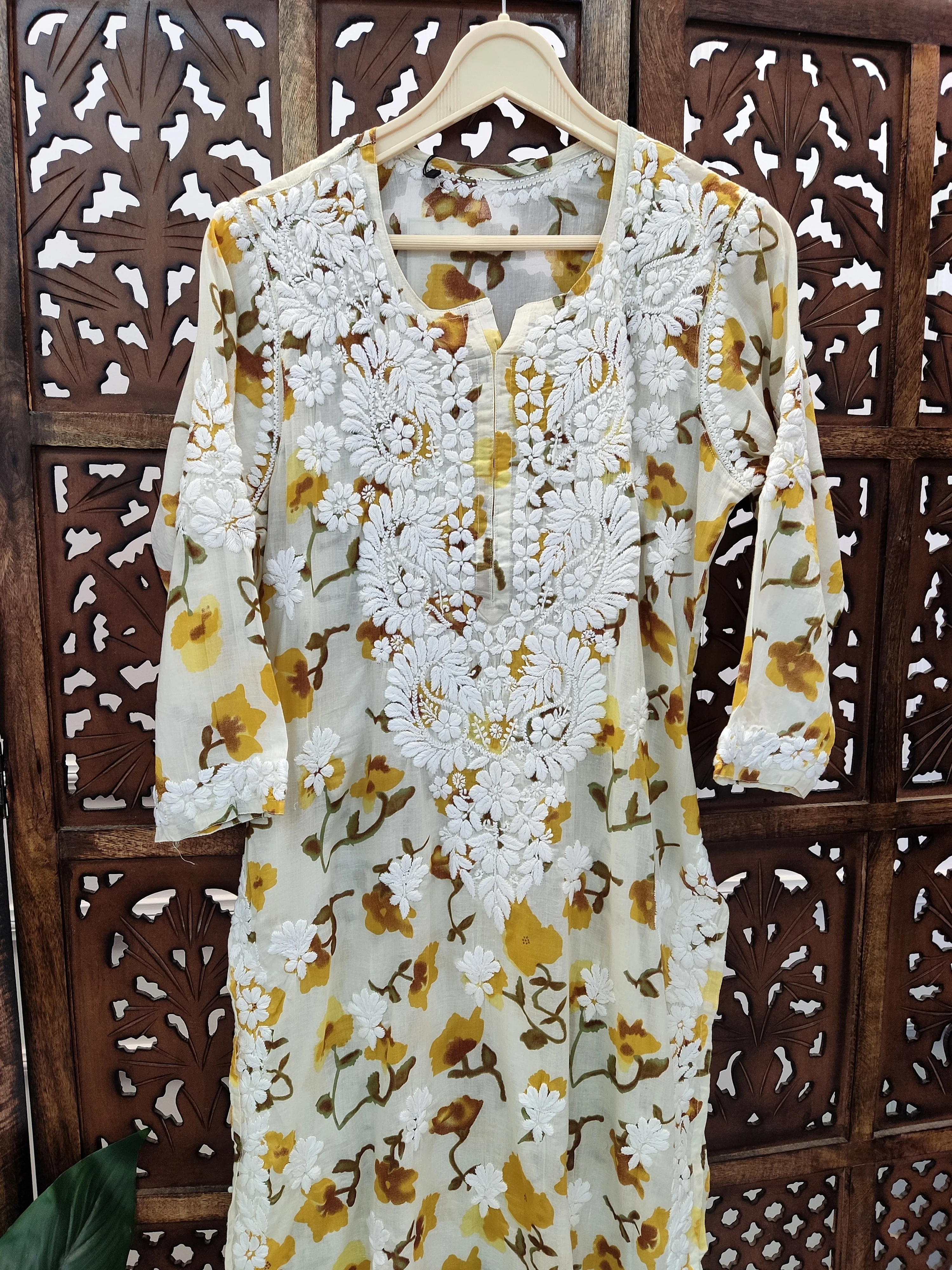 Yellow Mulmul Printed Chikankari Straight Kurti - Image 3