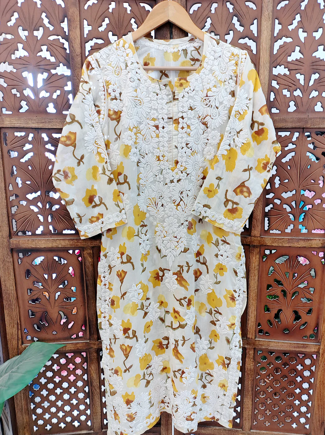 Yellow Mulmul Printed Chikankari Straight Kurti - Image 2