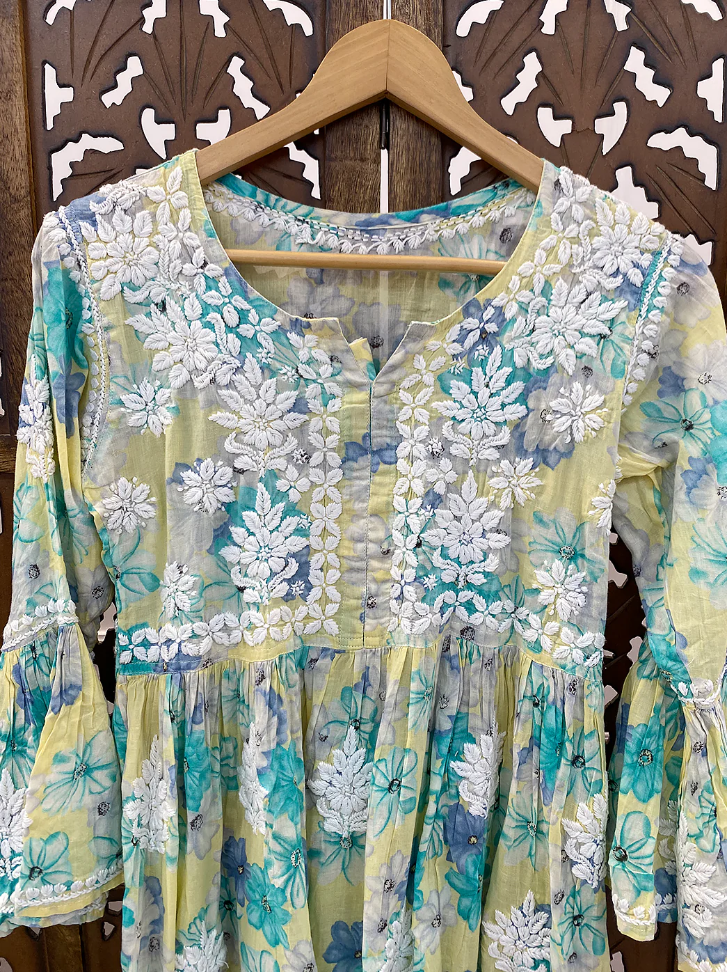 Yellow Mulmul Printed Chikankari Top - Image 3