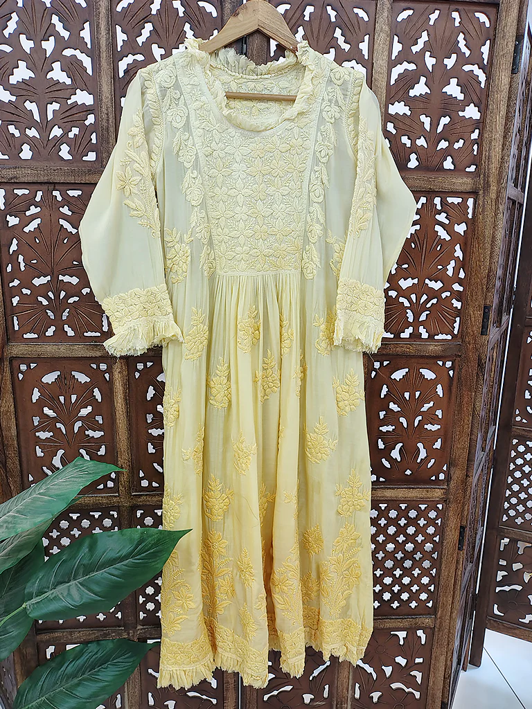 Yellow Muslin Chikankari Anarkali - Image 2