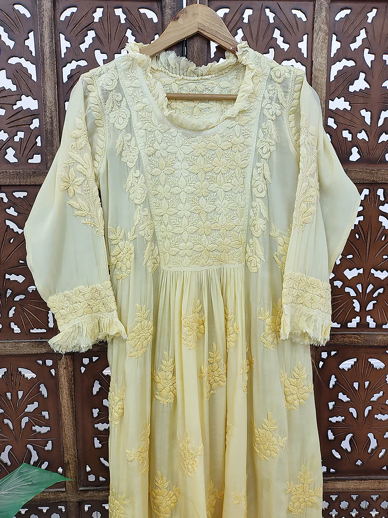 Yellow Muslin Chikankari Anarkali - Image 3