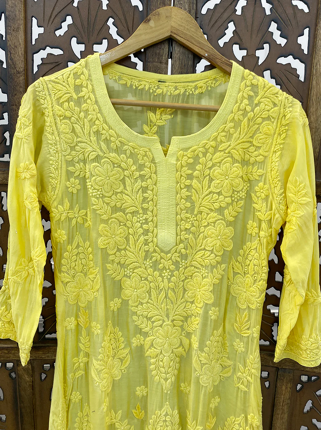 Yellow Muslin Chikankari Straight Kurti - Image 3