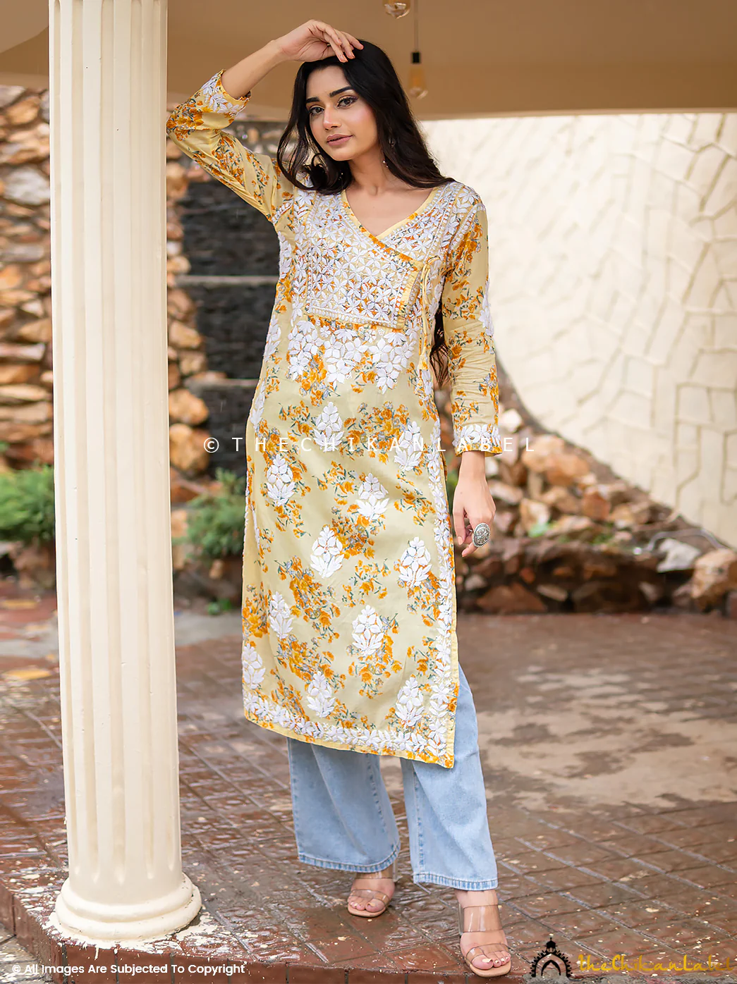 Qaifa Mulmul Cotton Chikankari Straight Kurti - Yellow
