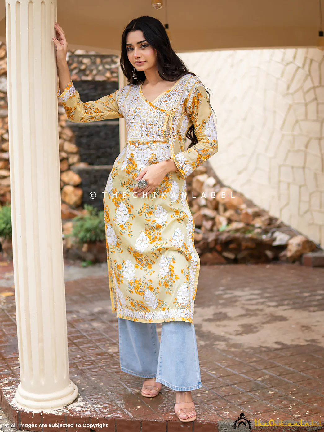 Qaifa Mulmul Cotton Chikankari Straight Kurti - Yellow - Image 2