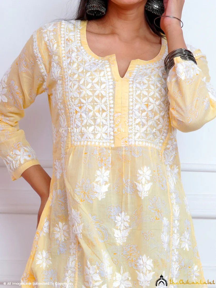 Yellow Qaima Mulmul Cotton Chikankari Short Top - Image 2