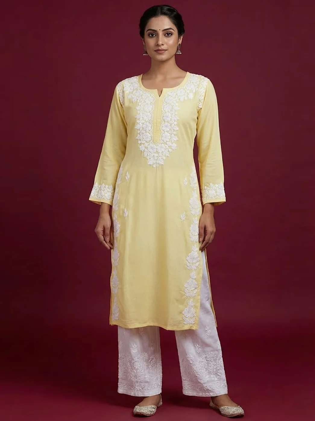 Yellow Rayon Chikankari Straight Kurti