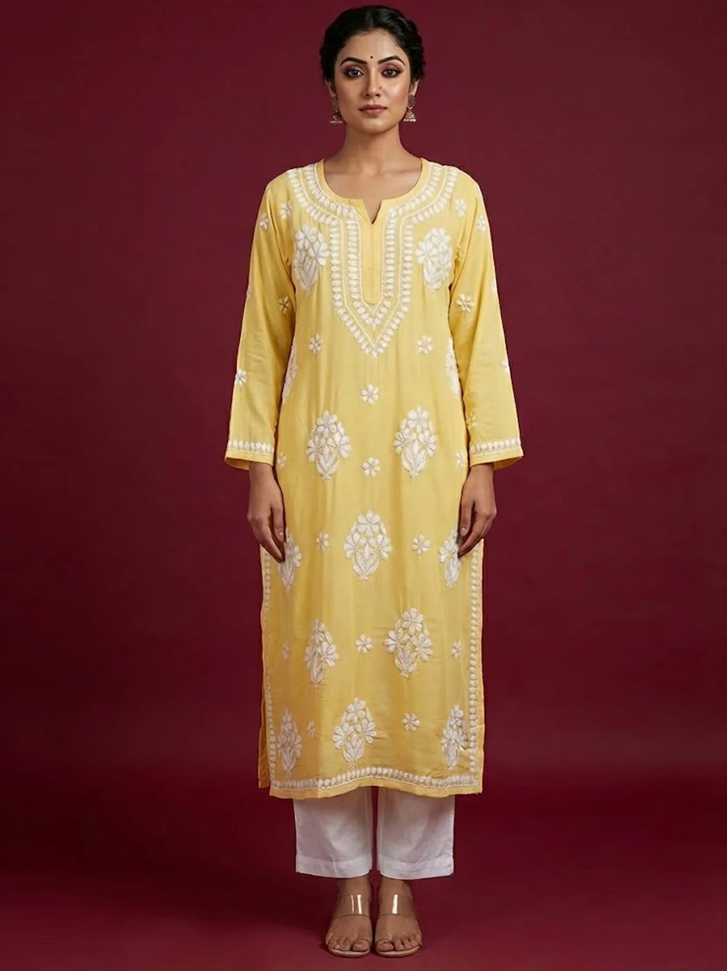 Yellow Rayon Chikankari Straight Kurti