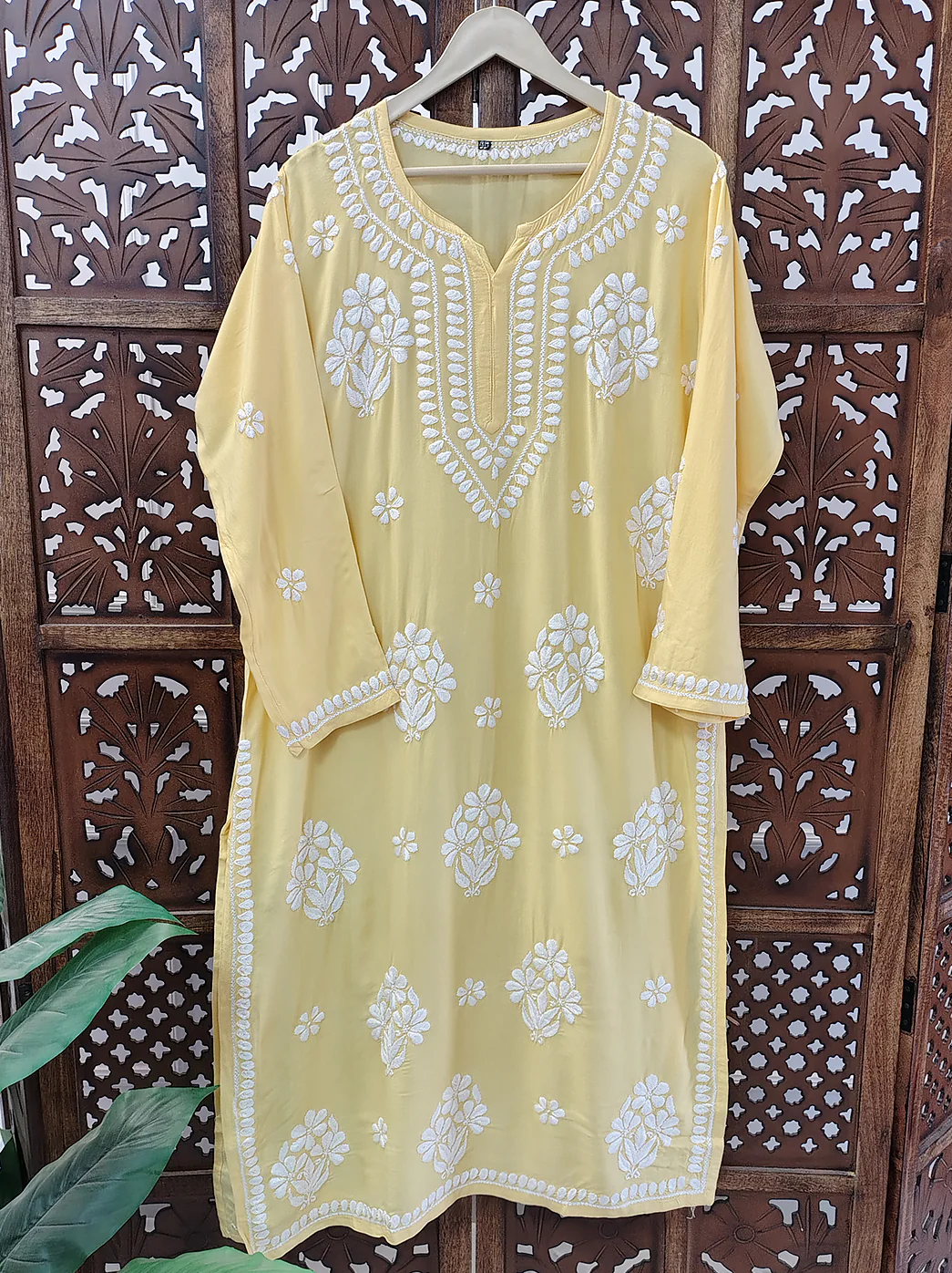 Yellow Rayon Chikankari Straight Kurti - Image 2