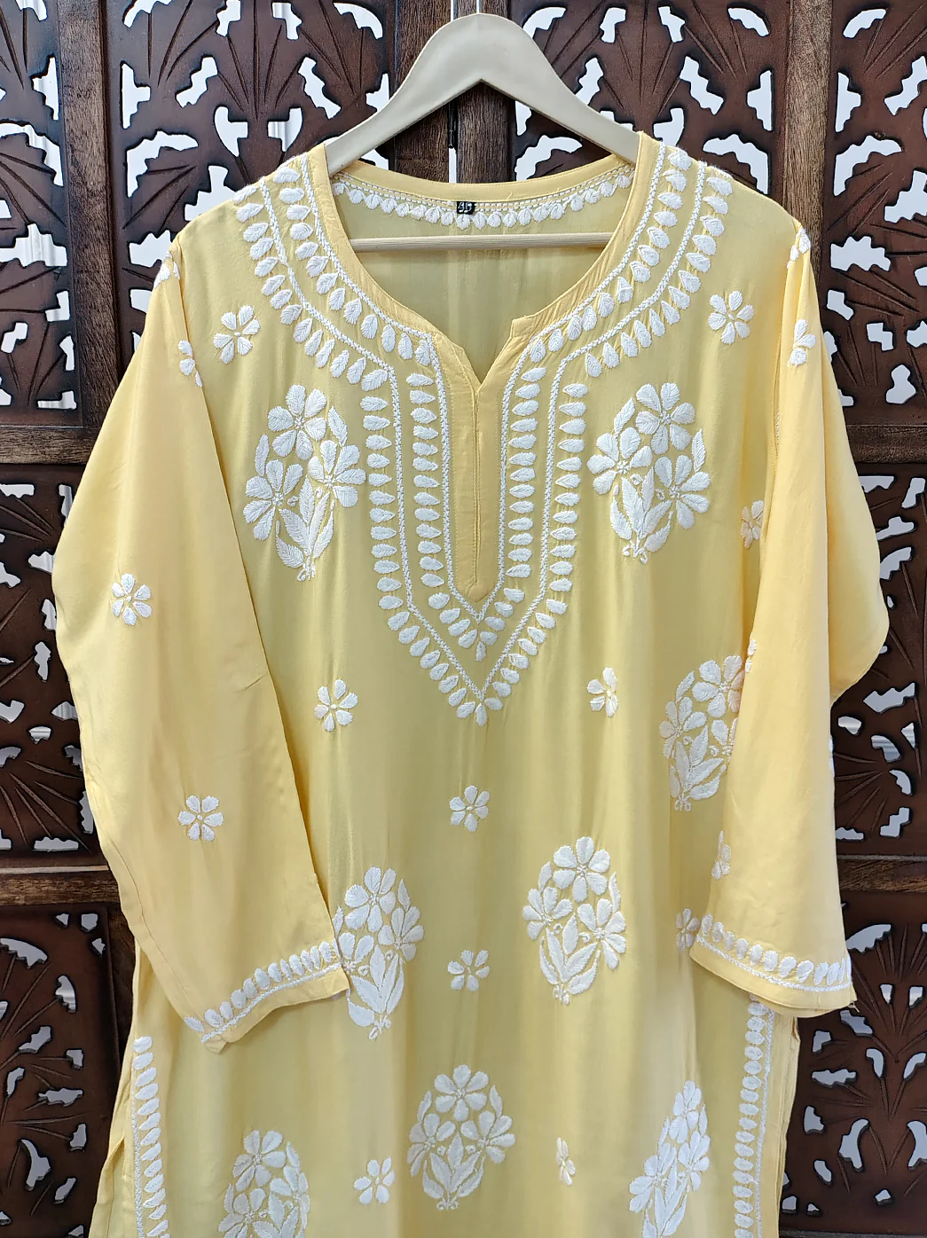 Yellow Rayon Chikankari Straight Kurti - Image 3