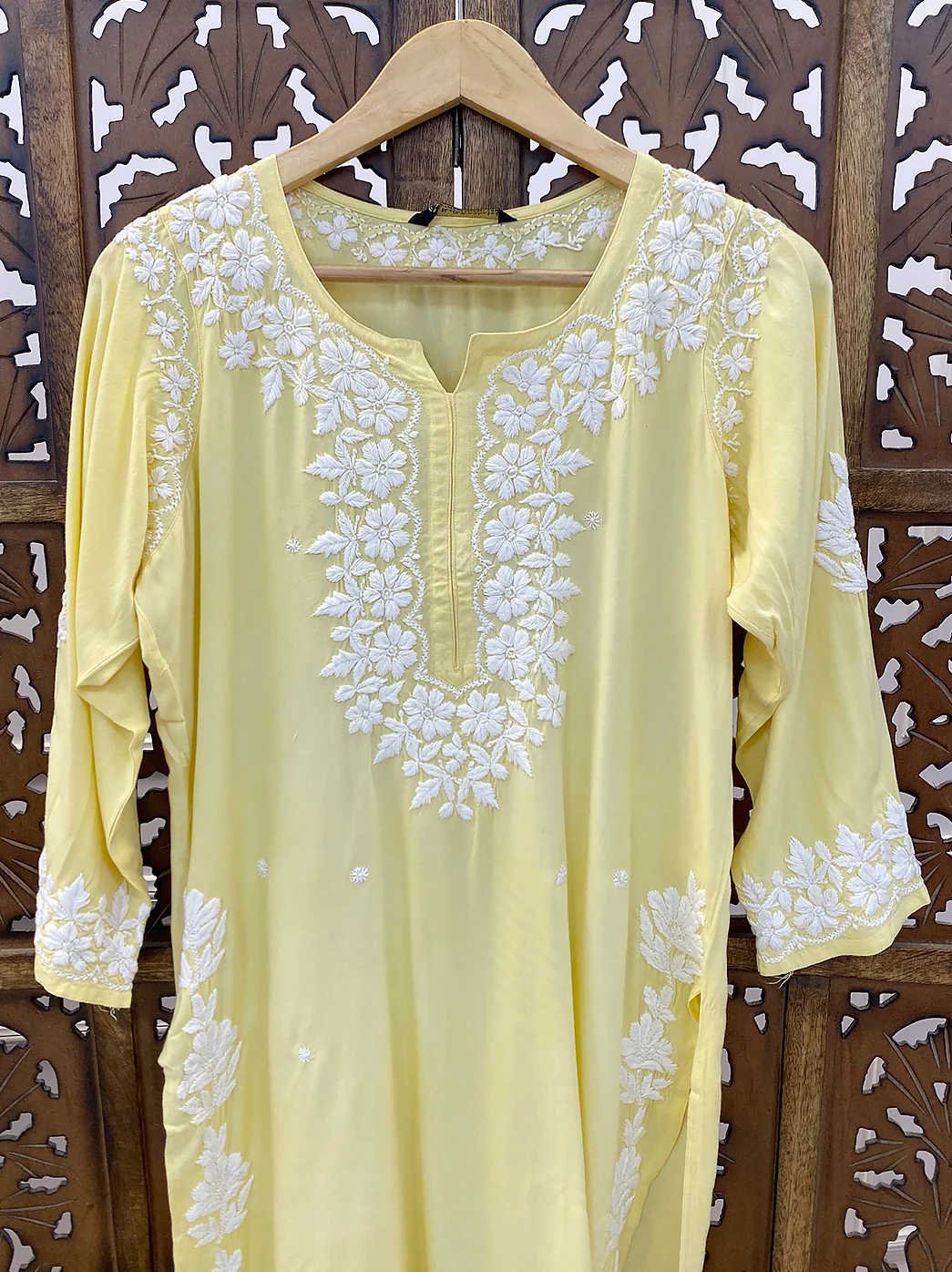 Yellow Rayon Chikankari Straight Kurti - Image 3
