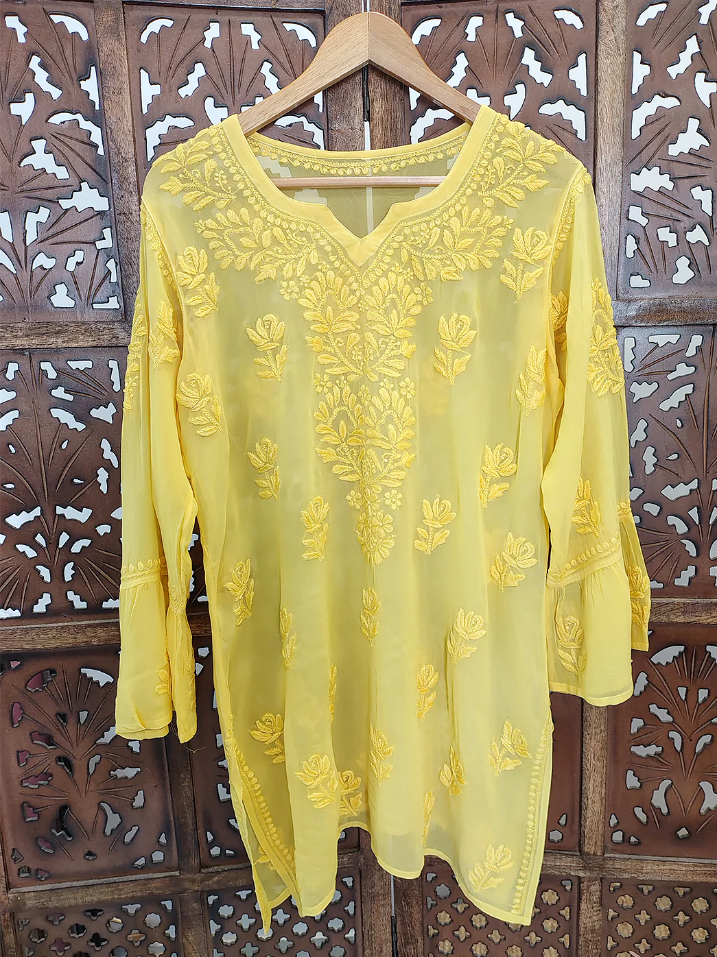 Yellow Viscose Chikankari Short Kurta - Image 2