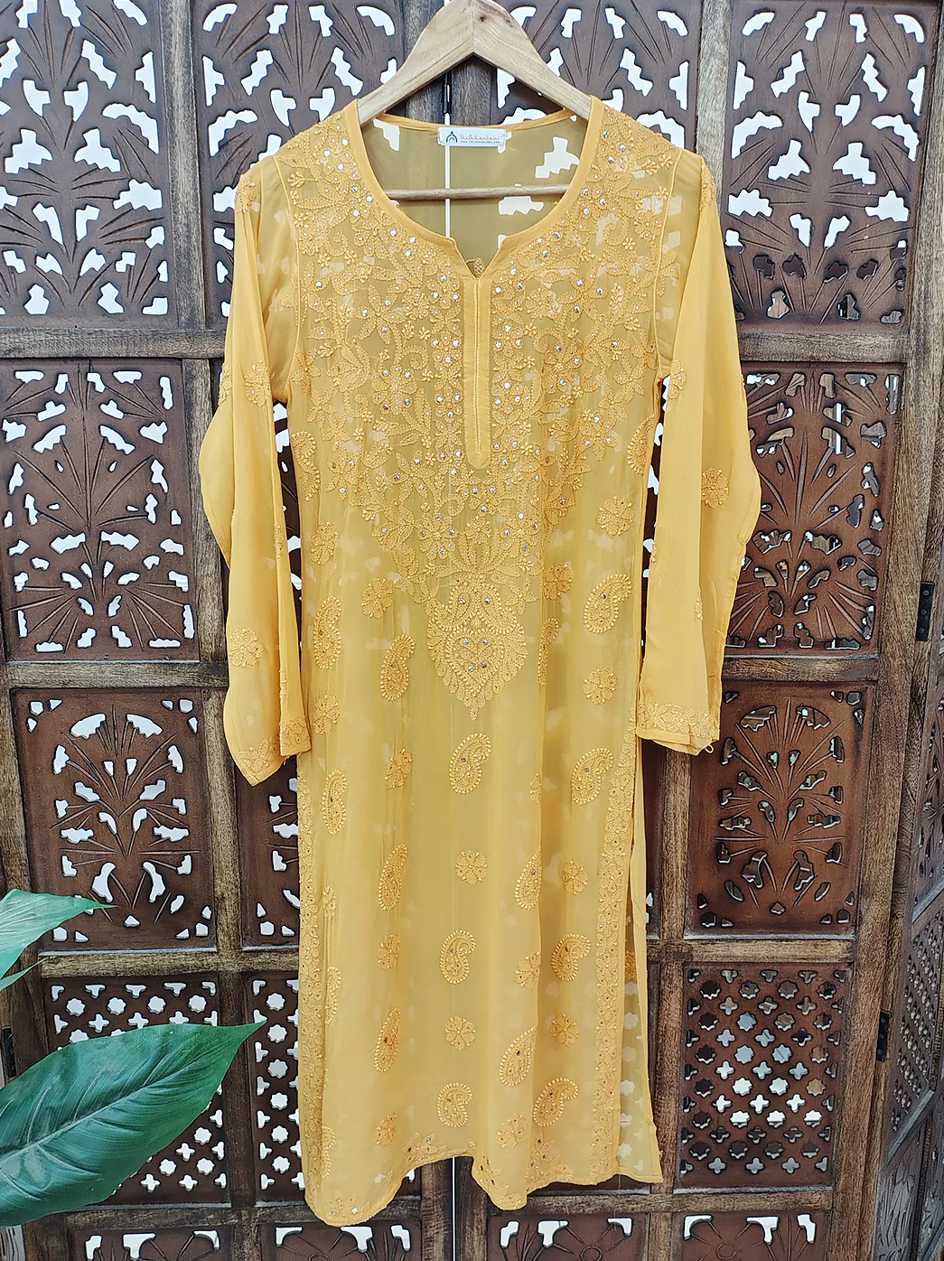 Yellow Viscose Chikankari Straight Kurti - Image 2